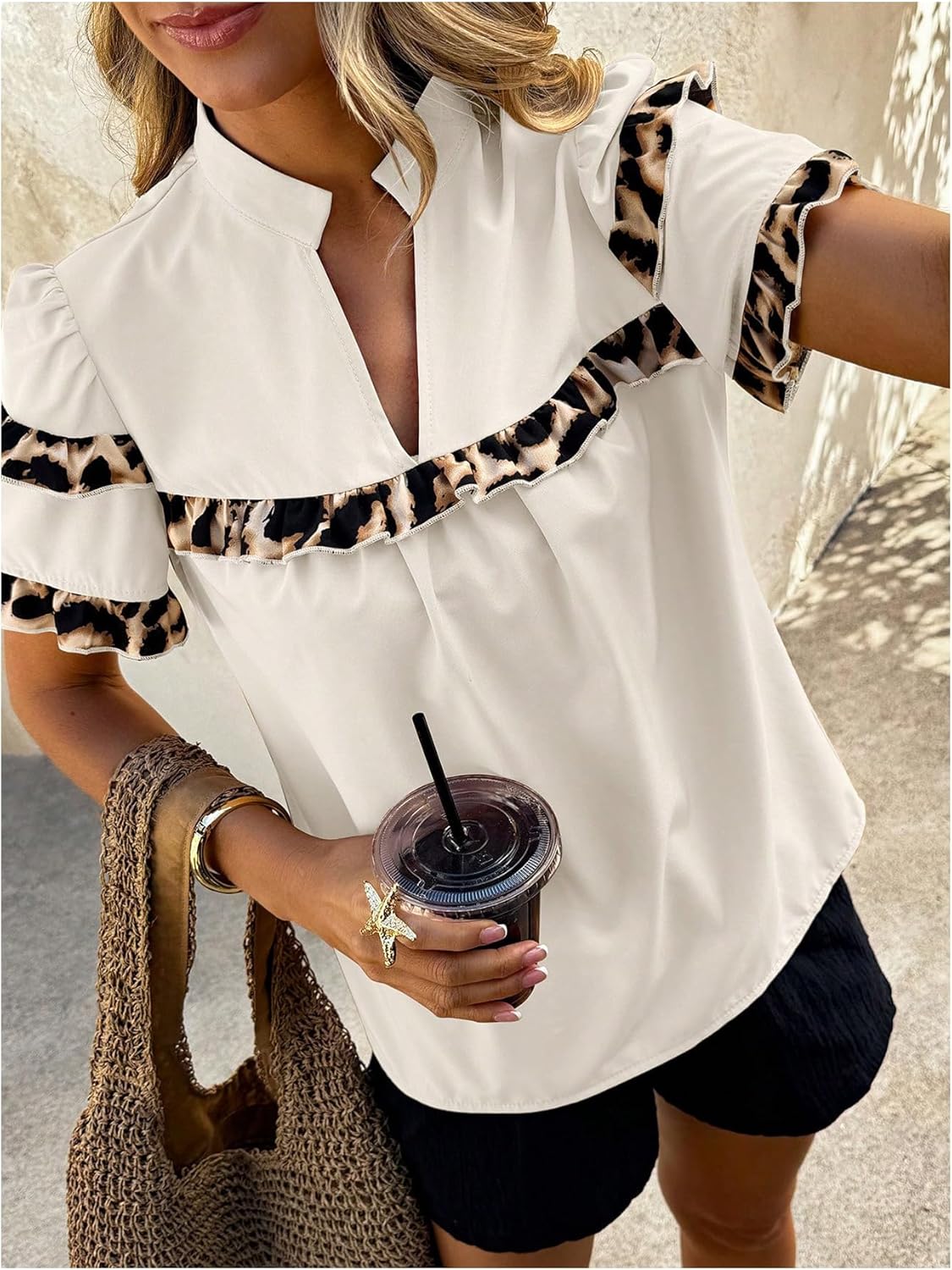 Verdusa Women's Leopard Print Dressy Casual Blouses Ruffle Tiered Notched Work Shirts - Image 5