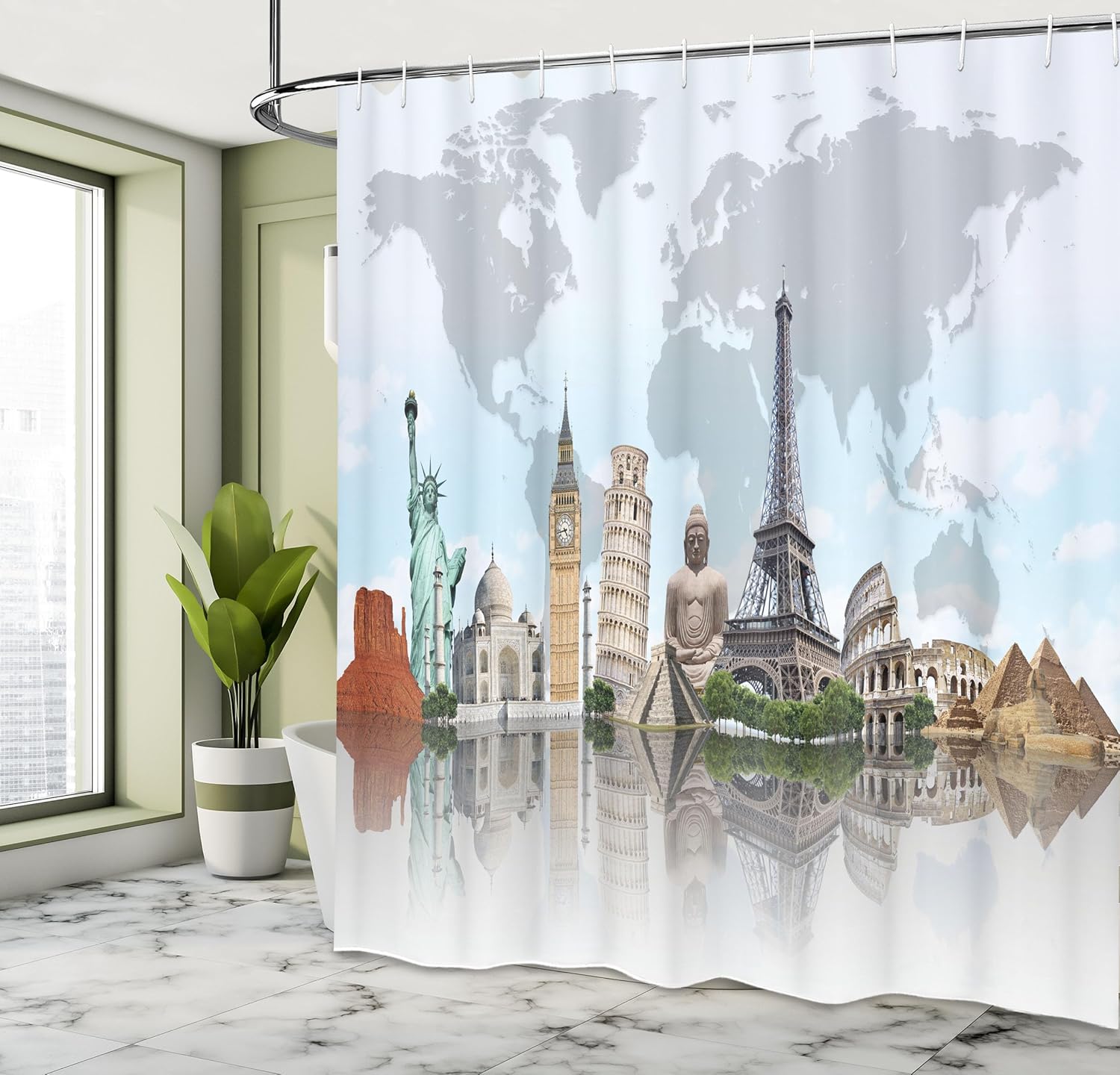 Ambesonne World Map Shower Curtain, Landmarks All Over Globe Eiffel Pisa Big Ben Collesium Lady Liberty and Pyramid, Cloth Fabric Bathroom Decor Set with Hooks, 69" W x 70" L, Soft Blue Seafoam Grey