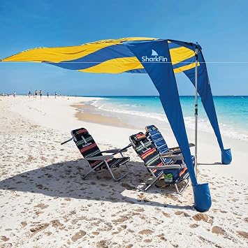 Shark FIN Shade Beach Tent Wind Sun Canopy Portable Easy Set Up UPF 50+ No Assembly Required 3-30 MPH - 1 to 8 People - Tie Downs Included - 2 Sizes Large 9' X 10' & Giant 13.5' X 10' PATENTS Pending