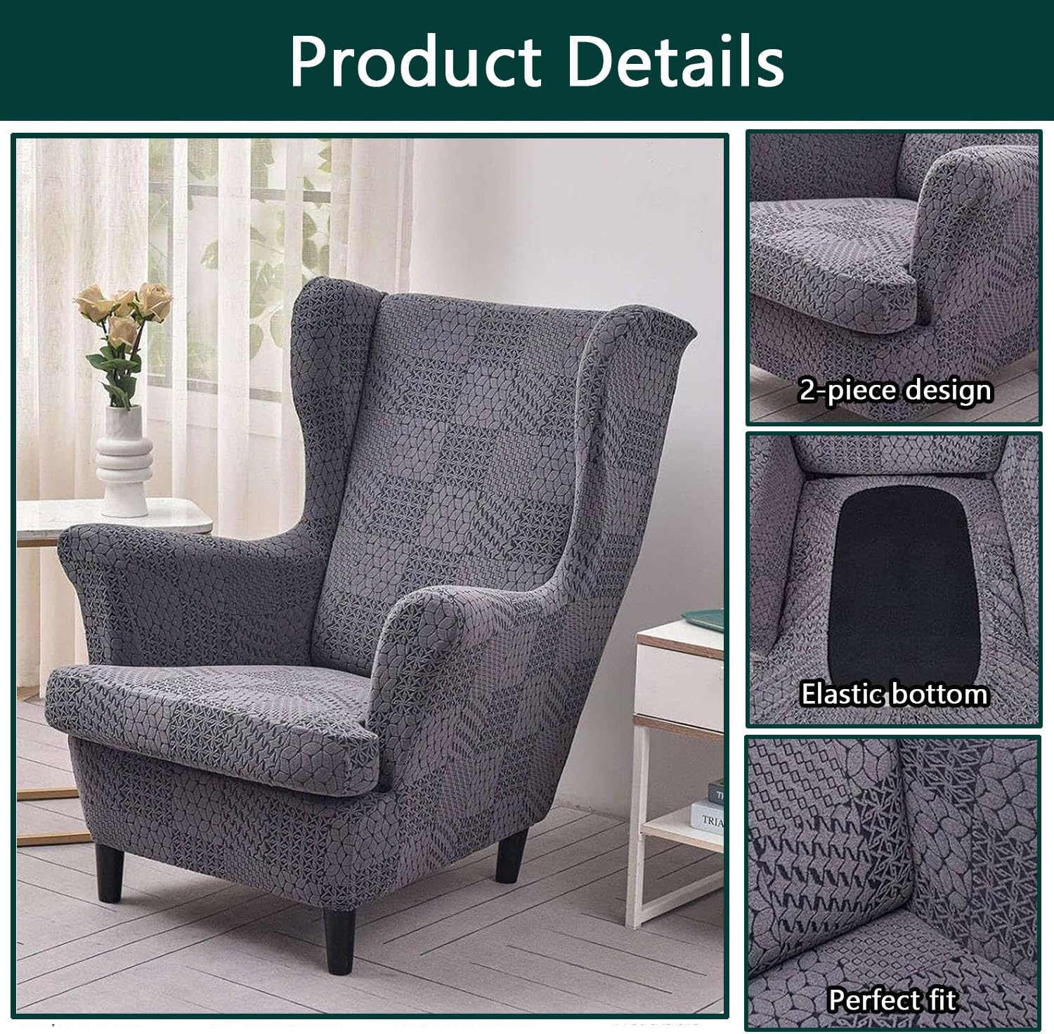 Stretch Armchair Cover Wingback Chair Covers 2 Piece Wing Chair Slipcovers with Cushion Cover Armchair Slipcover Washable Furniture Covers (Gold one Size)