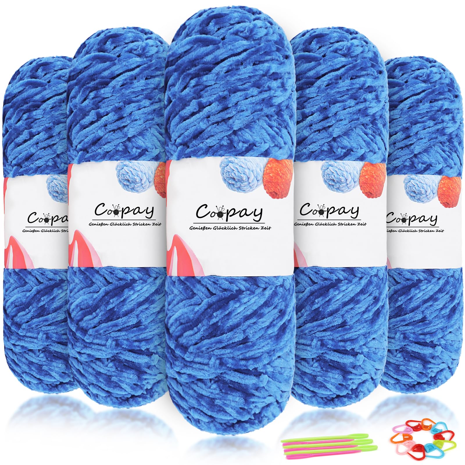Coopay Samt Chenille Wolle, 500g (5x100g) Velvet Chenillegarn Wolle zum Häkeln, Flauschige Weicher Babywolle für Kinder, Samtig Chenillewolle mit Häkelzubehör für Puppen, Schals