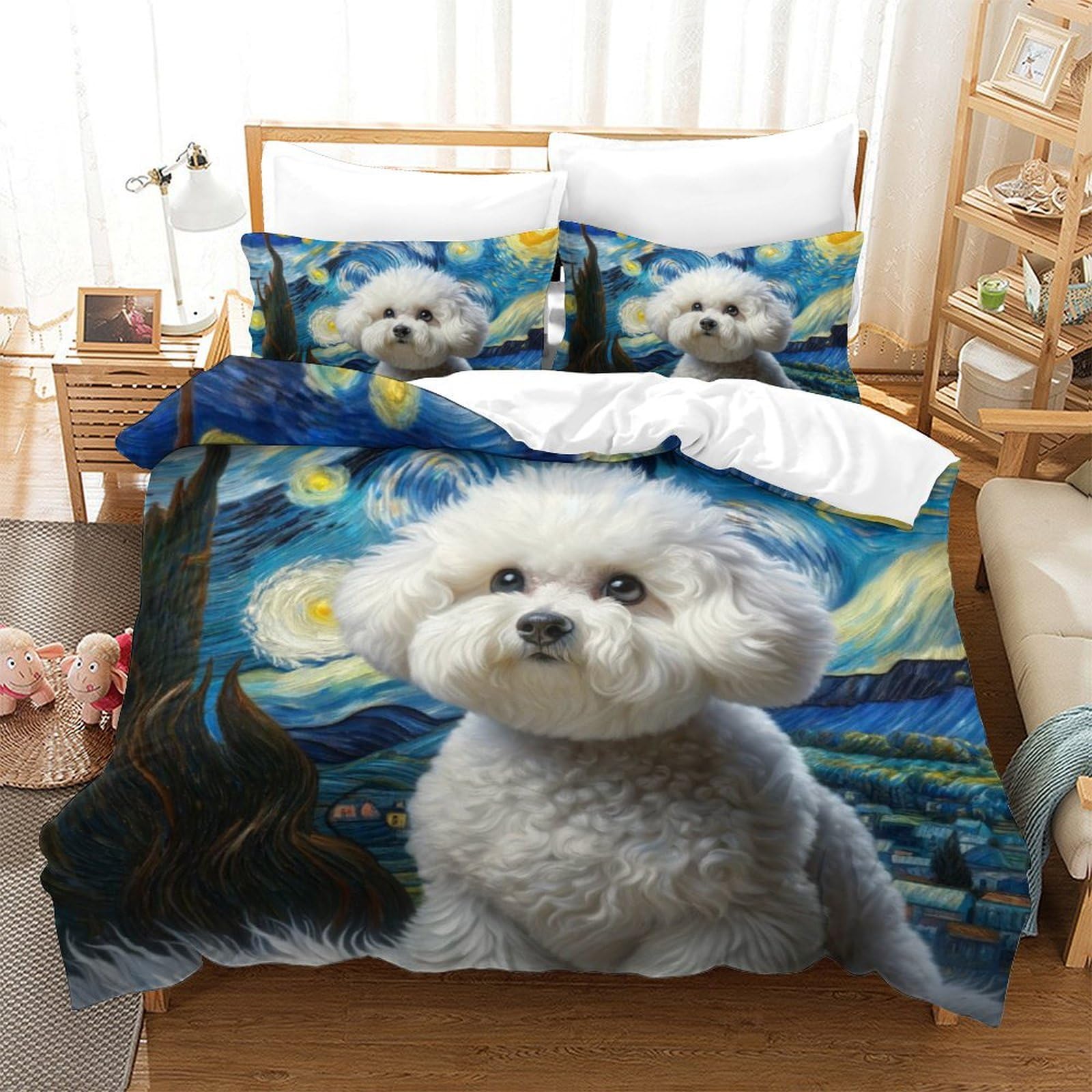 Housse de couette zippée 200x200cm anti-plis literie microfibre thème chien facile à enfiler