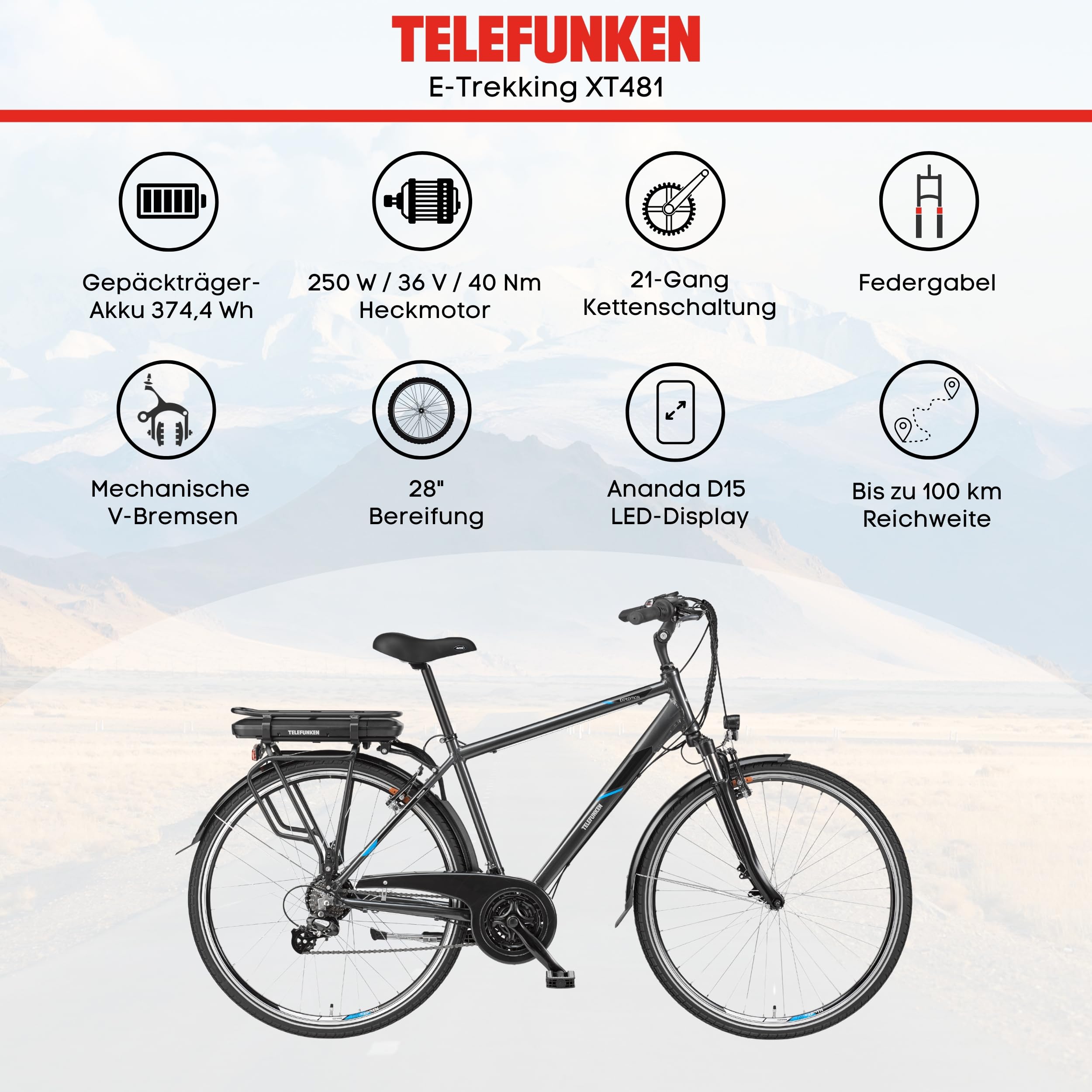 TELEFUNKEN E-Bike 28 Zoll für Damen & Herren | Trekking-Fahrrad mit 21-Gang Kettenschaltung | Elektrofahrrad mit 250W Hinterradmotor und Li-Ion-Akku | Pedelec mit V-Bremsen und LED-Beleuchtung