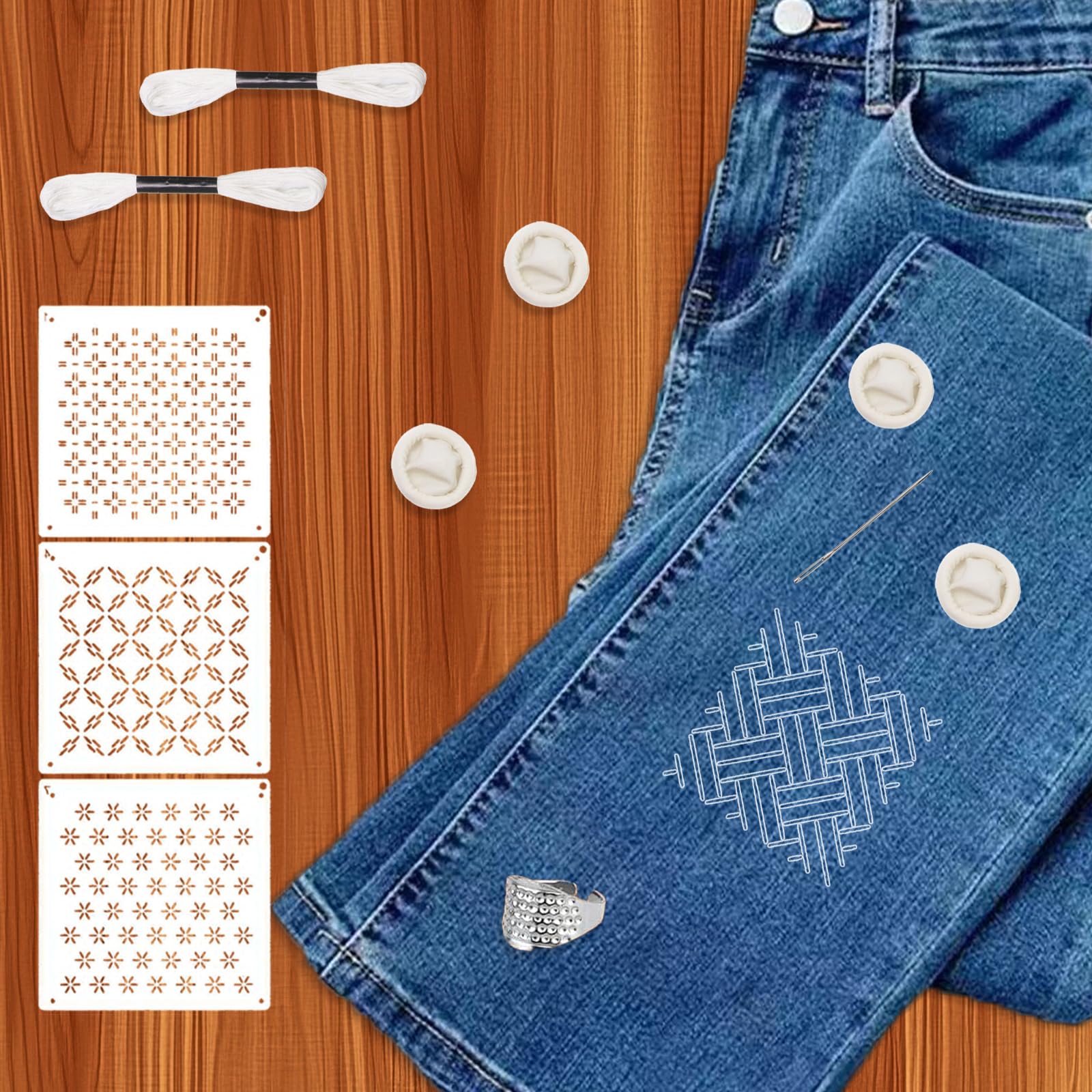 34 Kit di Stencil Sashiko in Plastica, Modelli per Ricamo 9Stili di Stabilizzatori per Ricamo Geometrico Motivo 5 Aghi da Ricamo 5 fasci di Corde Intrecciate 5 Copridita in Gomma e 1 Anello per Dito