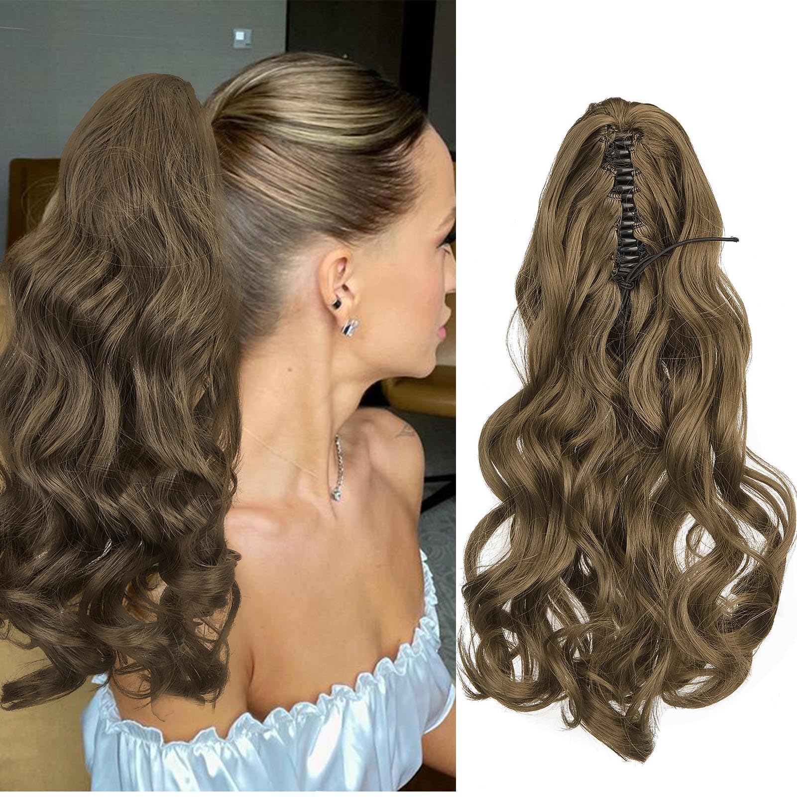 Cybelleza Coda Capelli Extension Clip Claw Coda di Cavallo con Pinza Mossi 45cm Posticci per Capelli Ricci Ponytail Sintetici Lunghi Coda Finta Ondulati, Marrone chiaro