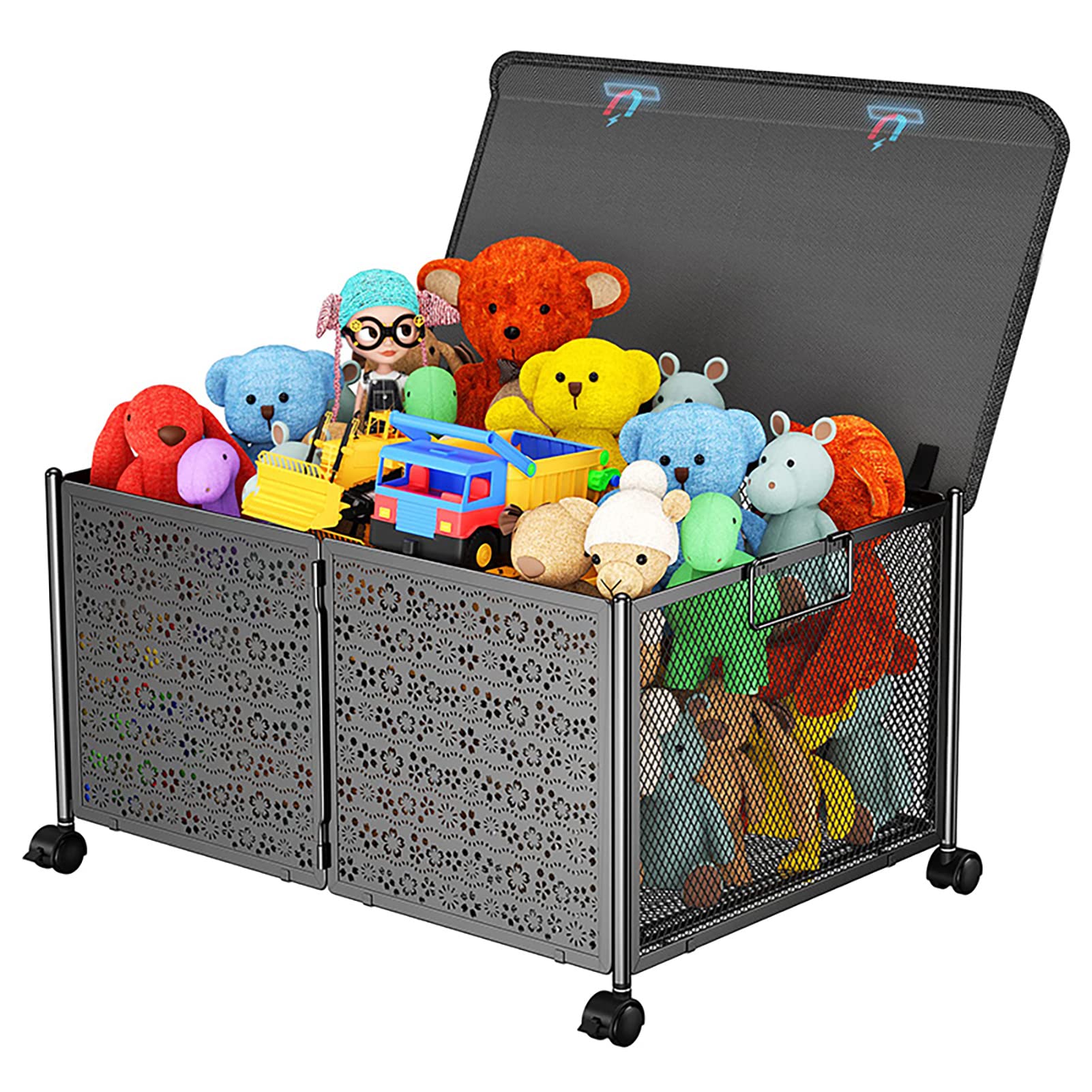 Caja de Almacenamiento de Juguetes con Ruedas y Tapas, Baúl de Juguetes Plegable de Metal Resistente para Almacenamiento de Animales de Peluche, Cesta de Almacenamiento de
