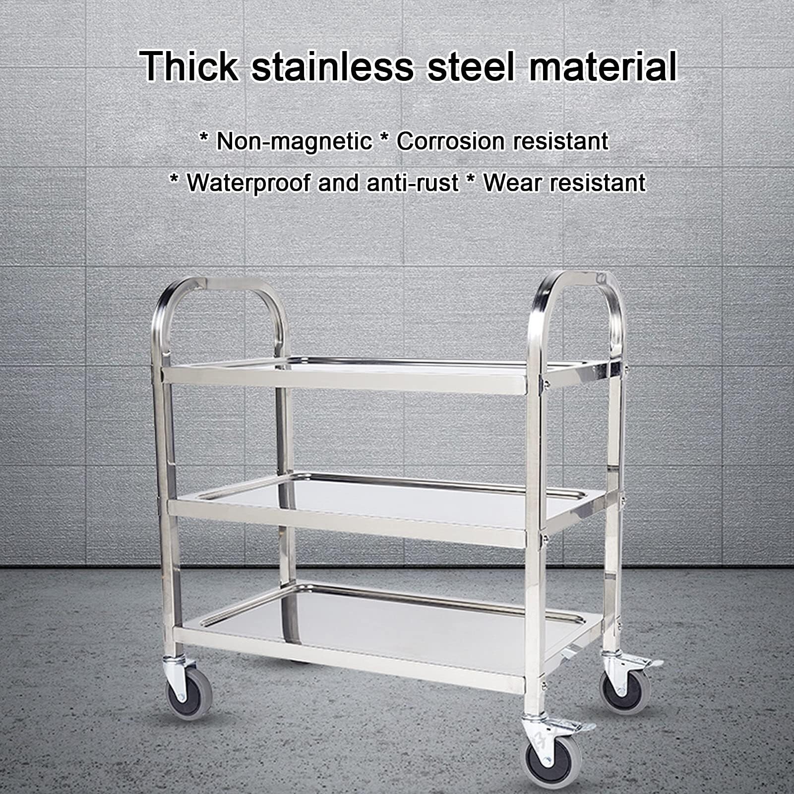 Carrito de servicio de acero inoxidable con ruedas bloqueables de 3 niveles, bandeja extraíble, práctico para uso en casa, hotel y restaurante, 85 x 45 x 90 cm, carrito multifunción