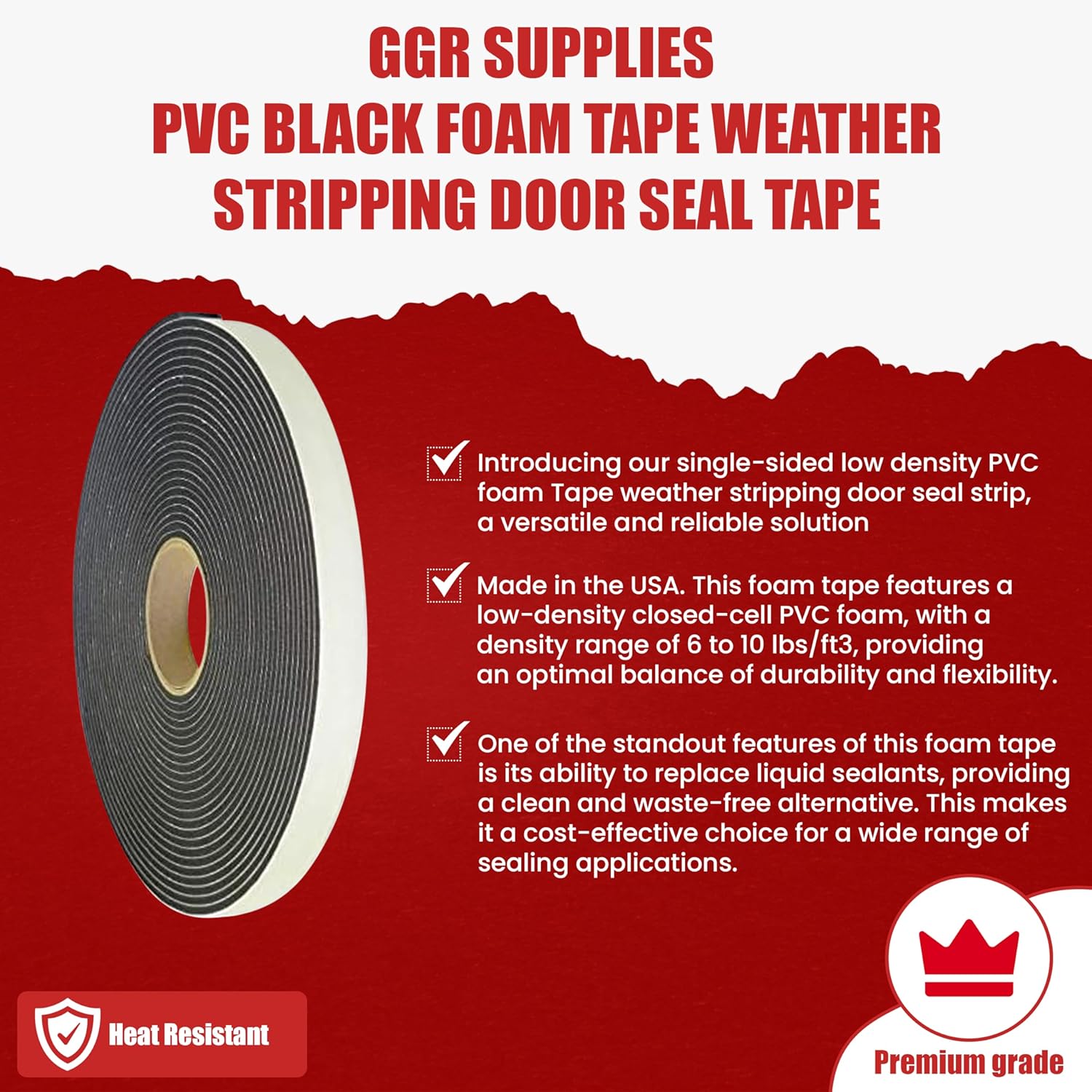 GGR Supplies PVC Black Foam Tape Weather Stripping Door Seal Self Adhesive, Soundproofing, Insulation, Weatherstrip, Pipe Cooling - Ideal for Doors, Windows, and AC Seal. (W:1/2In xT: 1/2In: 25ft.)