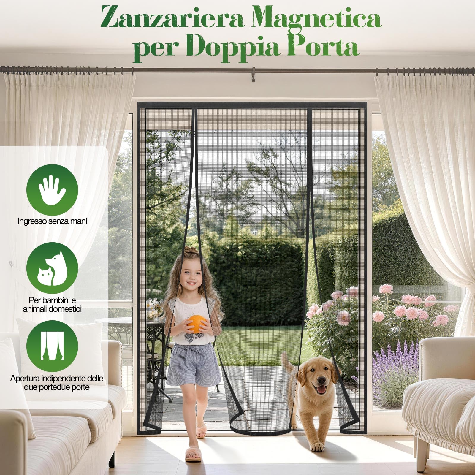 Zanzariera Magnetica per Porta 240x240cm, Doppia Apertura, Chiusura Automatica Senza Foratura, Tenda Zanzariera con Calamita, Anti Zanzare per Balcone, Nero