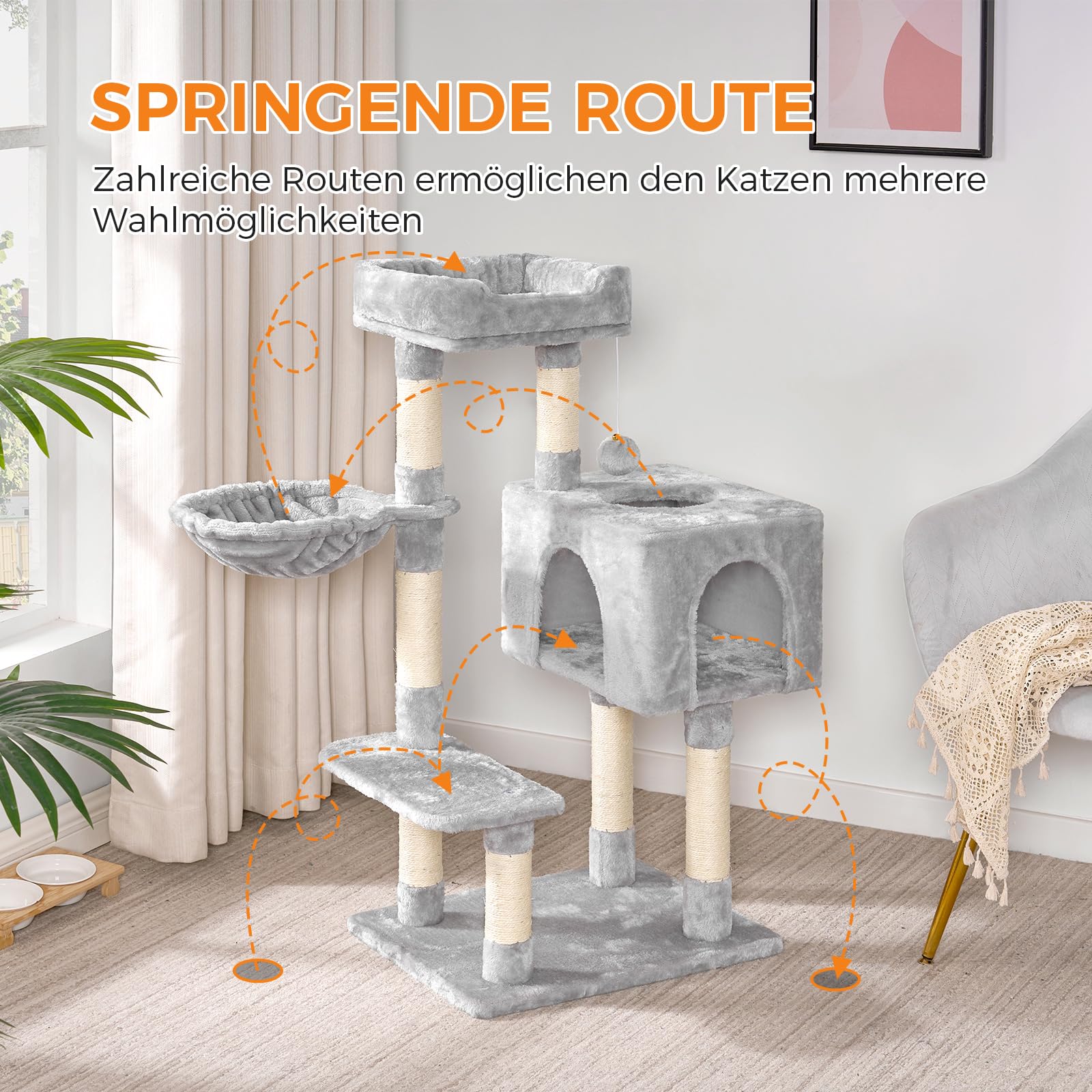Oak&Tea Kratzbaum für Katzen mit Schlaffläche & Spielzeug – Kompakter Katzenkratzbaum aus Sisal, Kratzbrett und kuscheligem Katzenbett – Ideal als platzsparender Kratzbaum klein für Haus （Hellgrau）
