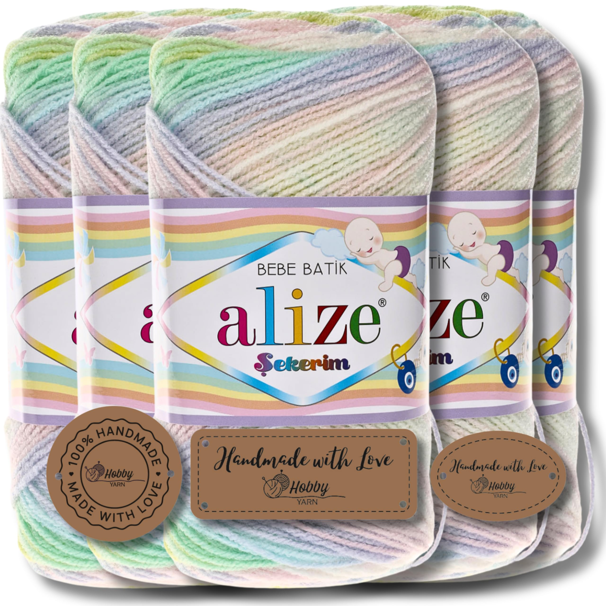 Hobby YARN 3 x Label Label with Alize Sekerim Bebe Batik Wool Premium 5 x 100 g as a Set, Yarn, Yarn, Knitting Yarn, Colour Gradient, Baby Wool for Crocheting, Knitting, Clothing, Scarves (2132)