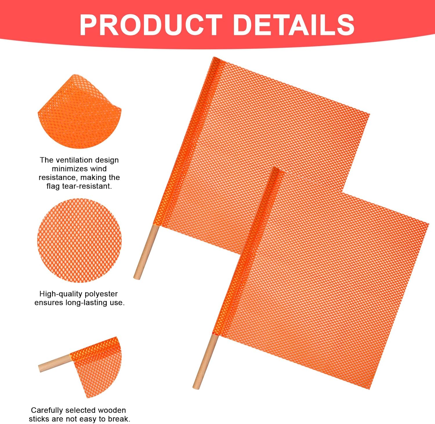 12 Pack Oversize Load flags, 18" x 18" safety flags with Dowel for Truck Orange Mesh Flag on a Stick Warning Flag Oversize Load Signs for Trucks, Trailers