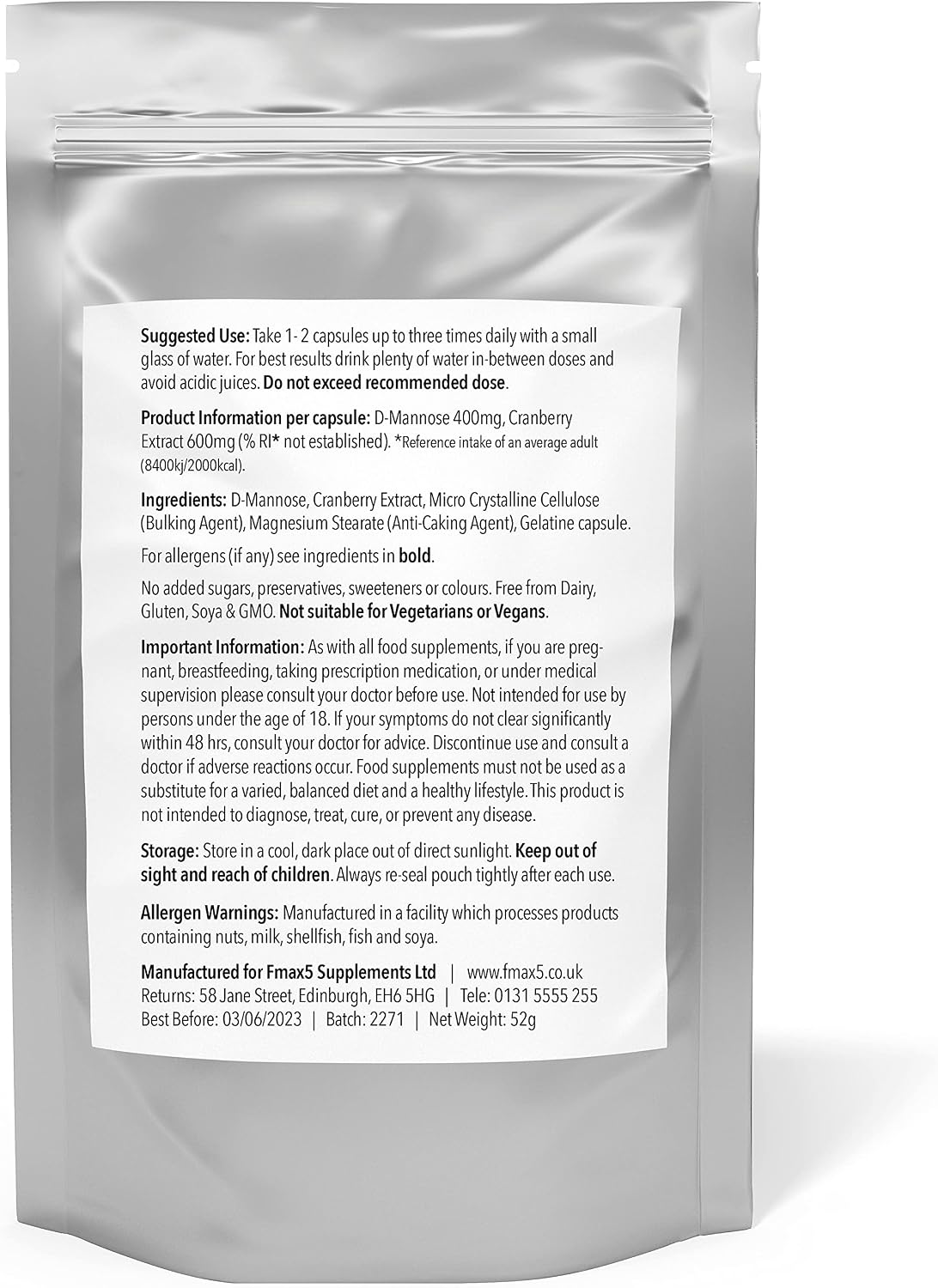 D-Mannose & Cranberry Capsules 1,000mg, 90 Capsules, Urinary Tract & Bladder Support, High Strength Blend, Allergen Free - Image 3