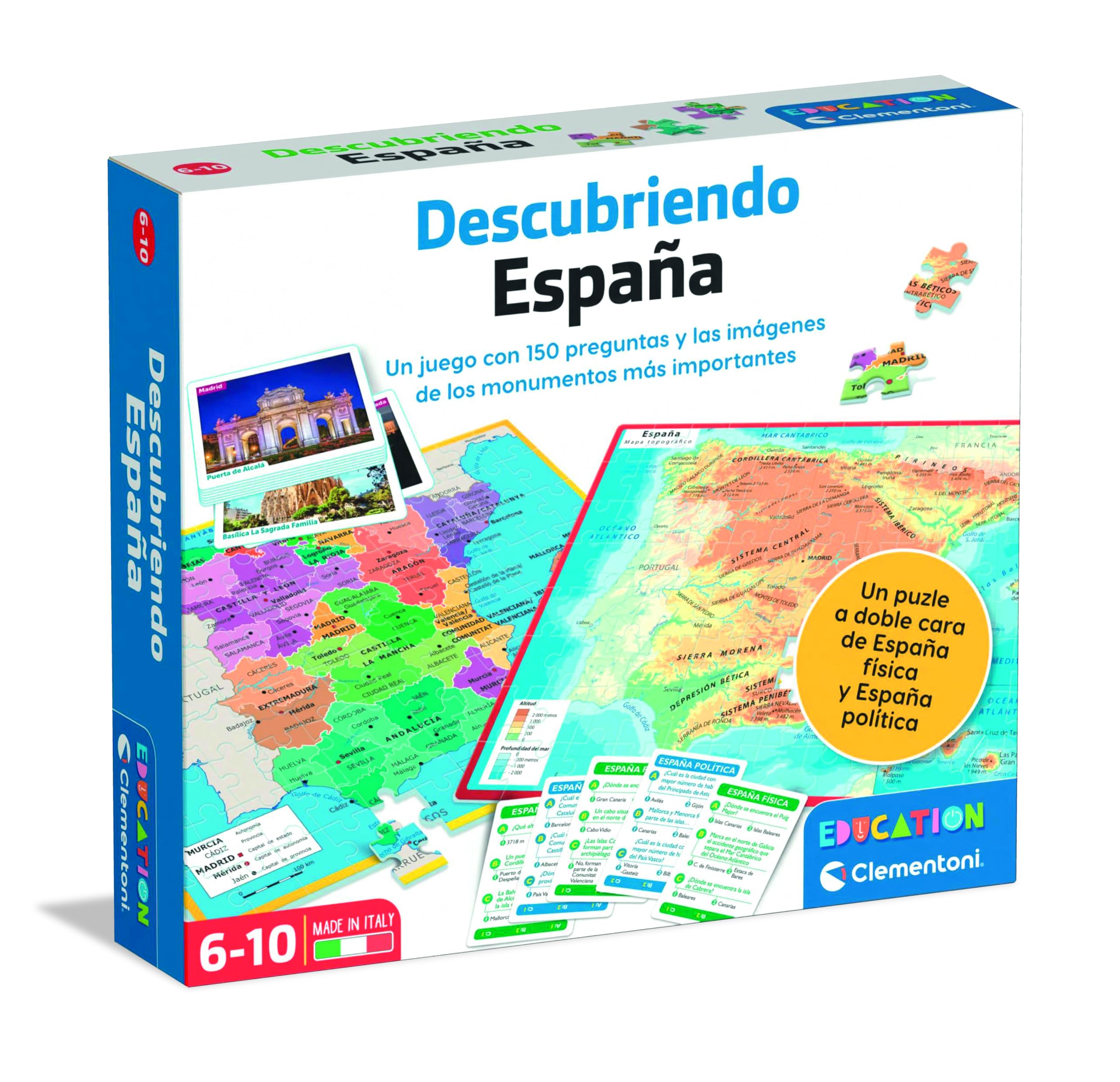 Clementoni - Descubriendo España, Juego Educativo Infanti - A Partir de 6 años - Puzzle Doble Cara del Mapa Físico y Político - Aprende Geografía y Cultura Española, 55119