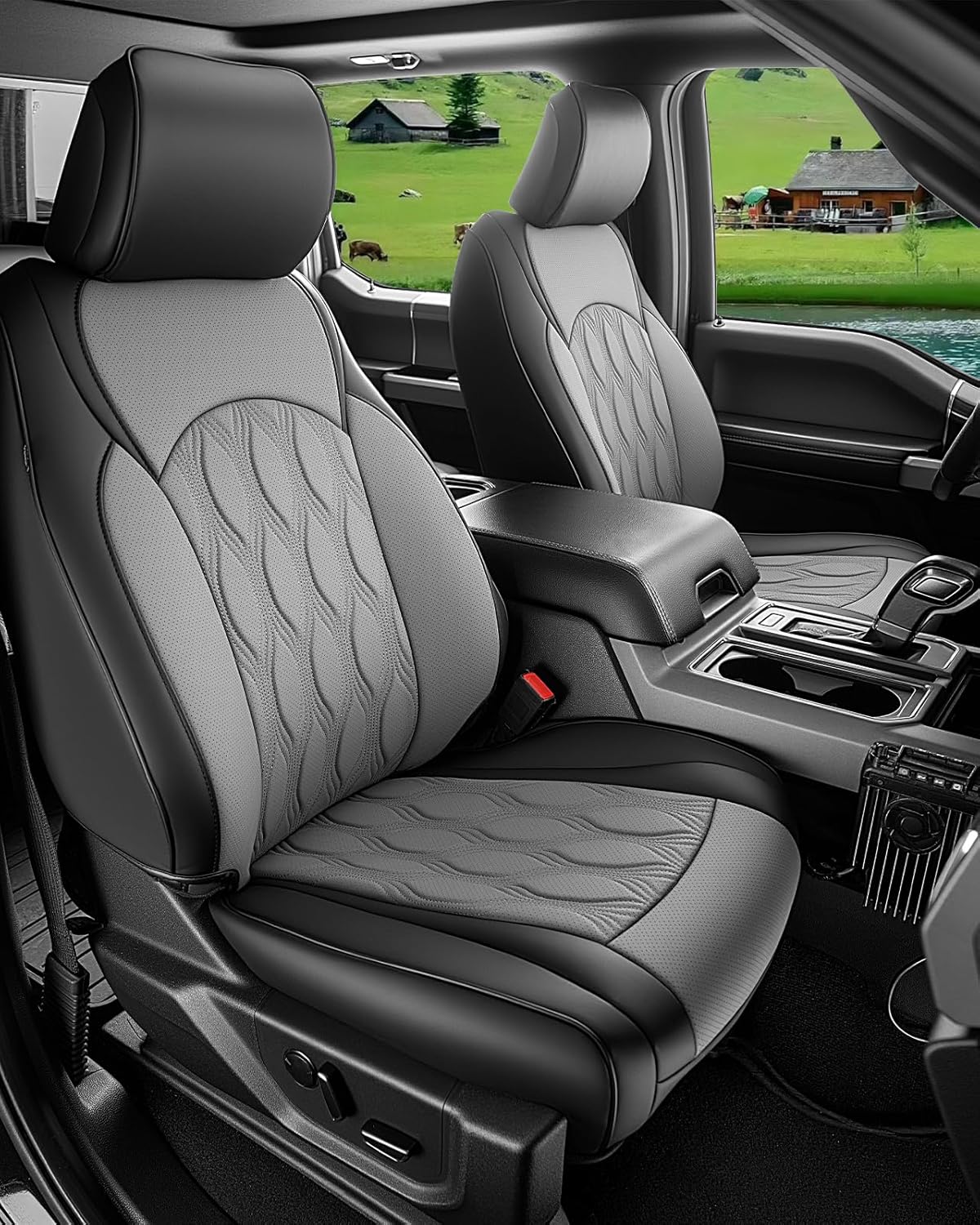 DiffCar® for Ford F150 Seat Covers 2025 2024 2023 2022 2021, PU Leather Truck Accessories Full Set for F 150, Car Pickup Seat Protectors Custom Fit for Ford F-150 XT XLT SuperCrew/CrewCab, Black/Gray