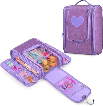 LoDrid Travel Carrying Case Compatible with Barbie Dolls 12-inch, Purple | Holds up to 6 Dolls, Doll Clothes Storage with Hanging Hook and Multiple Pockets for Accessories