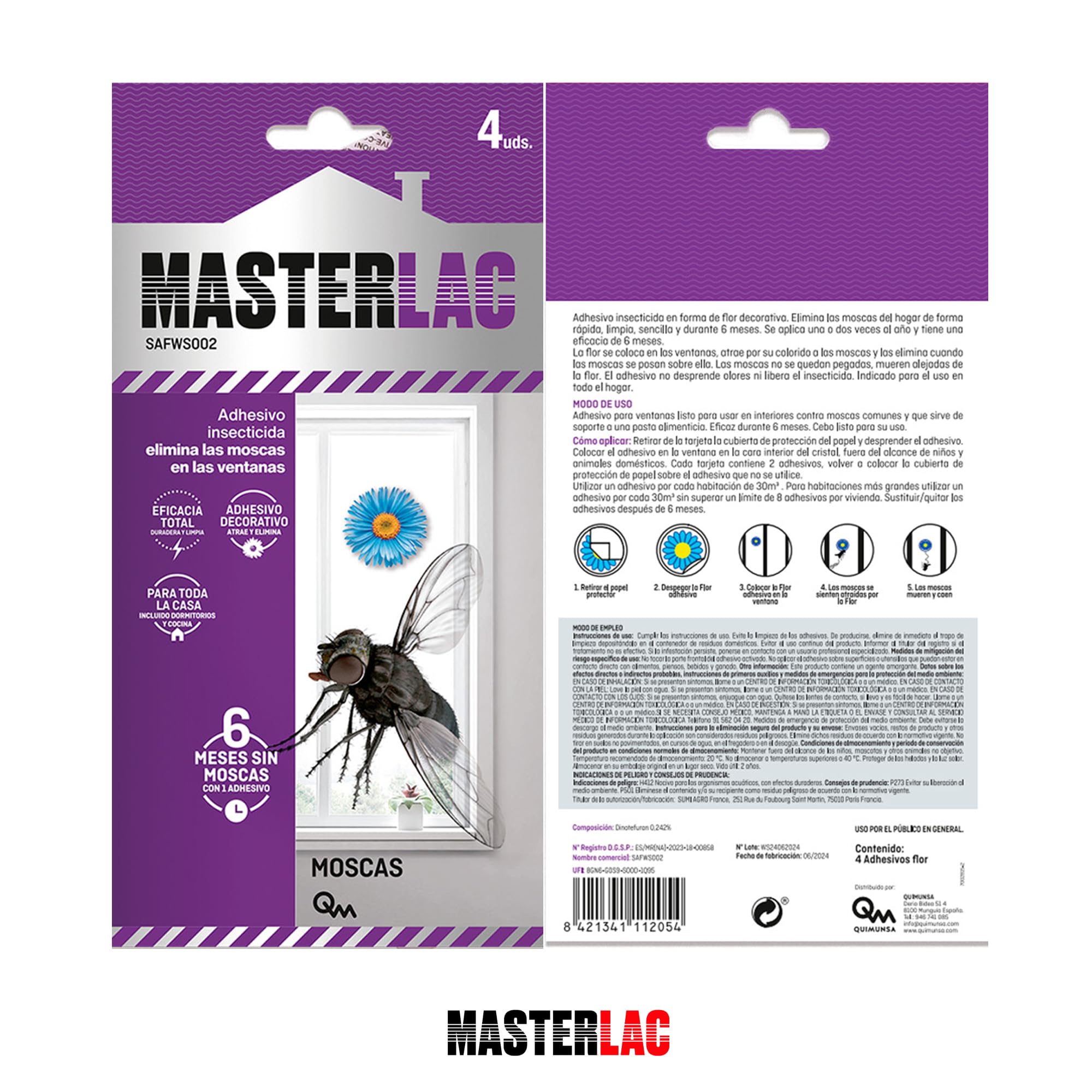 MASTERLAC - Insecticida Moscas Adhesivo-Flor - 4 Uds - Insecticida Decorativo Ventanas - 1 Adhesivo Protege 6 Meses - las Moscas Mueren Lejos de la Trampa - con Dinotefurán - Eficacia Total sin Olores