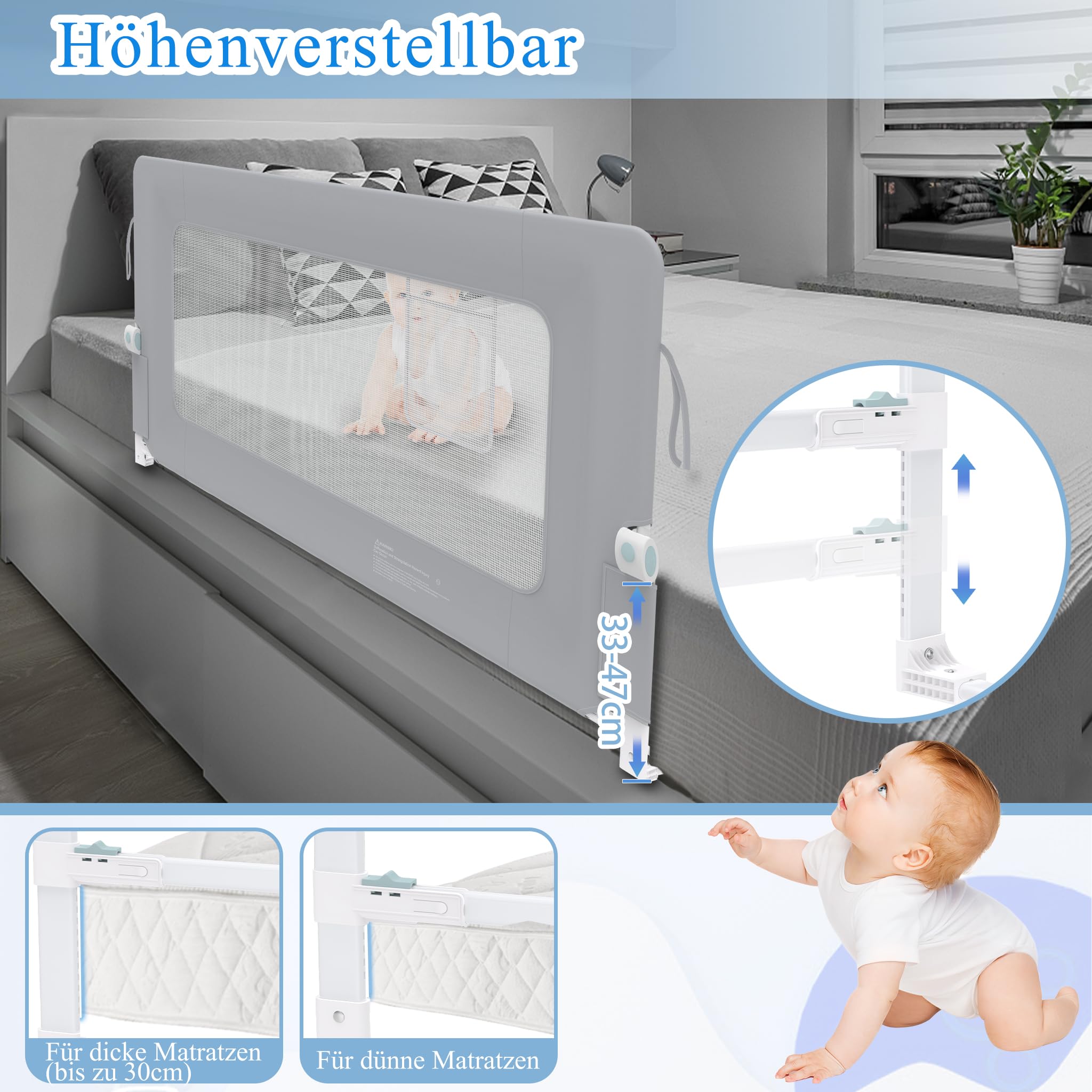 Aufun Bettgitter Rausfallschutz Portable 180cm, Faltbar Kinderbettgitter für Kinder Babybettgitter Klappbar, Tragbar, Bettschuztgitter Bett für Babys und Kinder im Elternbett, Grau