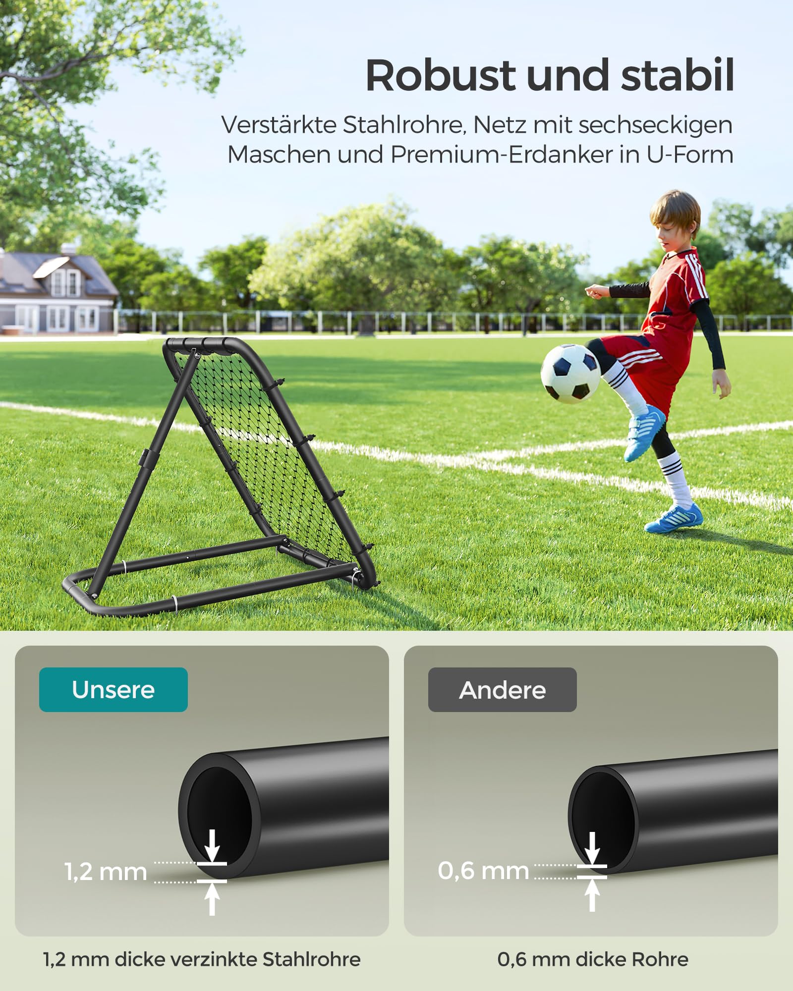 SONGMICS Rebounder für Fußball, Fußballtor Kinder, tragbar, Fußball-Rebounder, mit Stahlrahmen, winkelverstellbar, schneller Aufbau, für Garten, Park, Strand