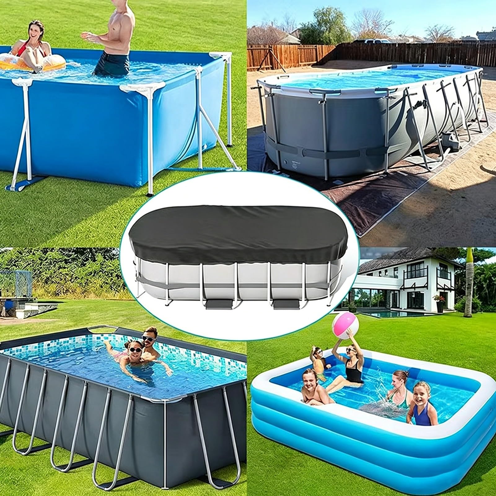 Cubierta Ovalada para Piscinas sobre el Suelo,420D Oxford,Protector Solar Resistente contra el Polvo con Accesorios Lona Piscina para Marco de Metal Ovalado y Piscinas Inflables