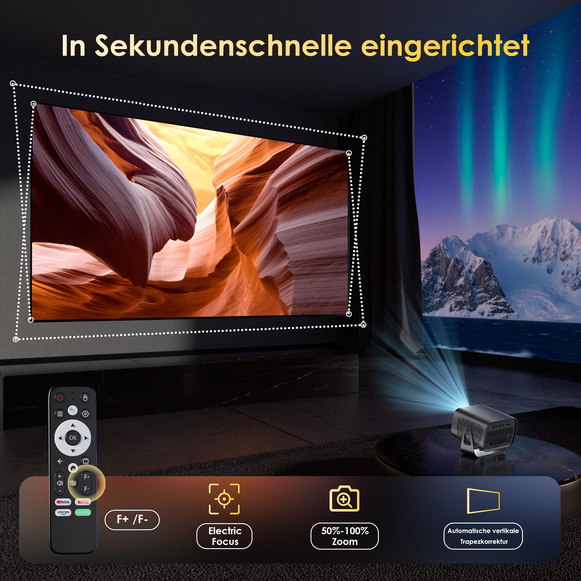 Mini Beamer 4K Smart Beamer【Offizielle App】mit Full HD 1080P, 1000 Lumen, Autofokus und Trapezkorrektur, 360°-Drehung, WiFi und Bluetooth,für Handy HDMI, TV-Stick,Tragbarer/Heimkinoprojektor