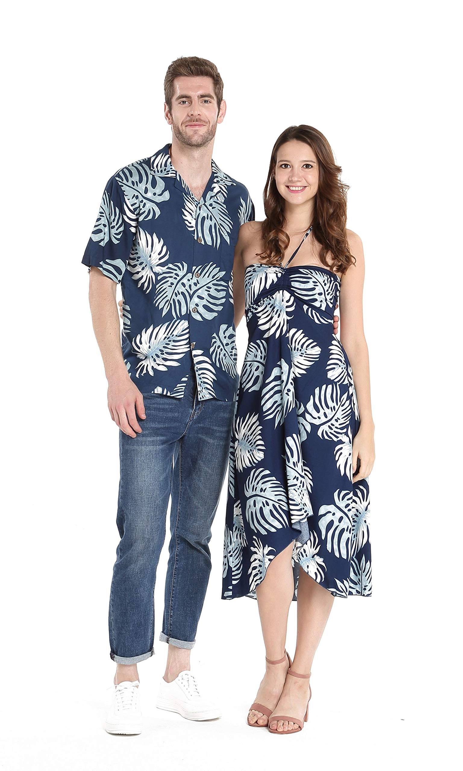 Couple Matching Hawaiian Luau Party Outfit Set Shirt Dress in Black Rafelsia