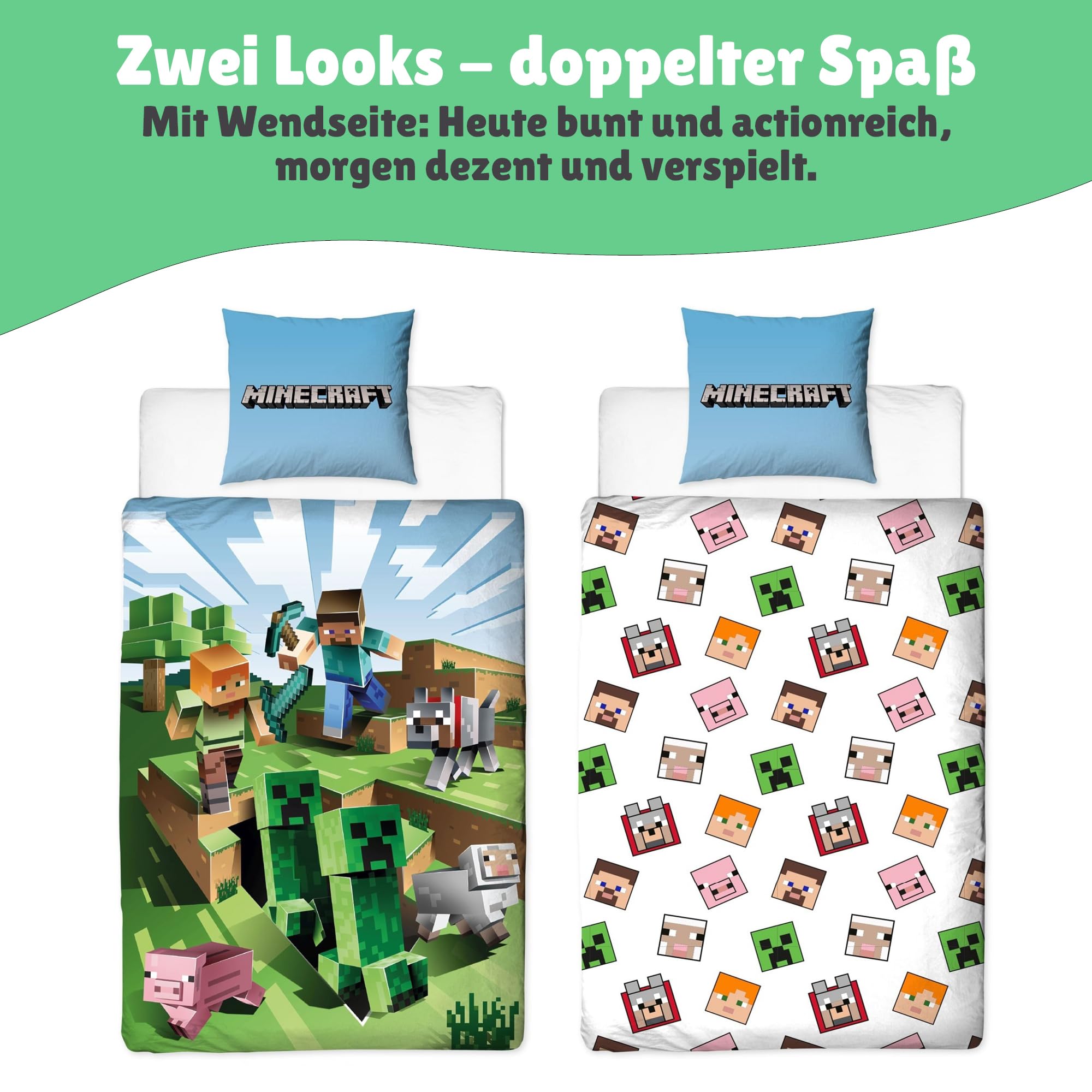 Character World Wende Bettwäsche-Set Minecraft, 135x200cm + 80x80cm, 100% Baumwolle, grün Motiv Craft Blöcke TNT und Spitzhacke Battle, Mehrfarbig