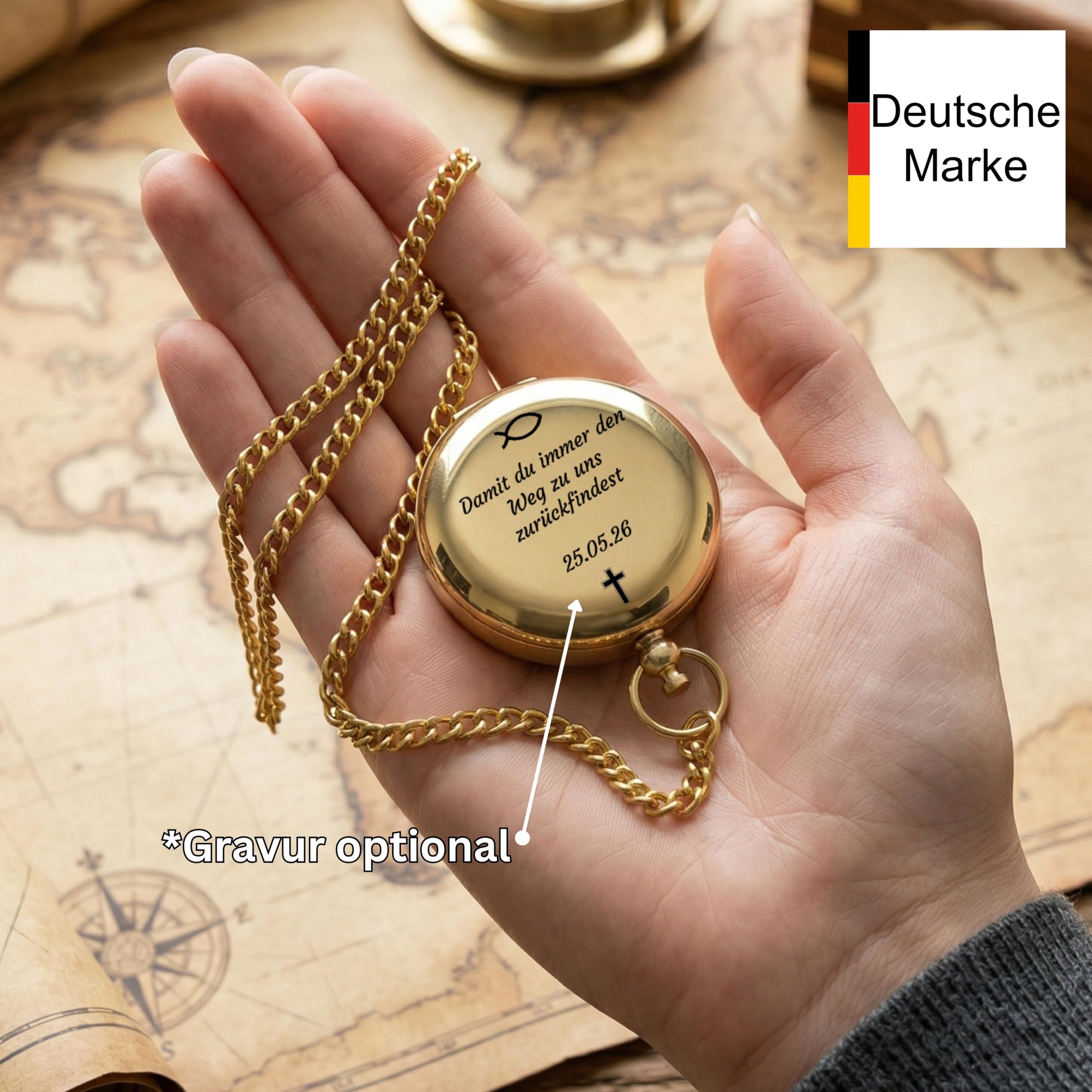 SonKo® Kompass mit Gravur Kompass personalisiert – Antik Optik nautischer funktionsfähige Maritime Deko aus Messing. Konfirmation Geschenk Kommunion