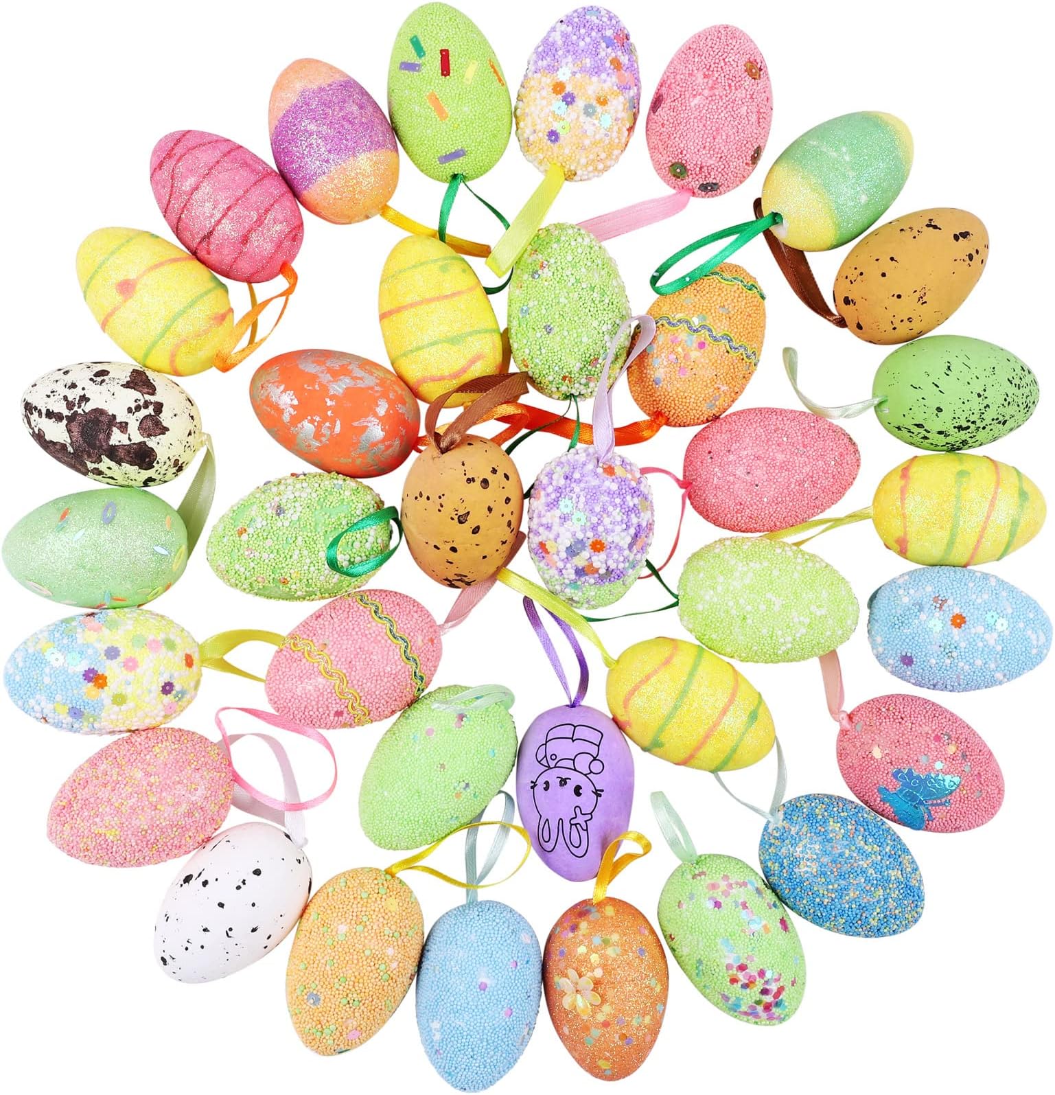 ADXCO 36 Pack Easter Hanging Egg Ornaments 1.6 Inches Easter Tree Ornaments Decor Easter Foam Egg Colorful Easter Decoration