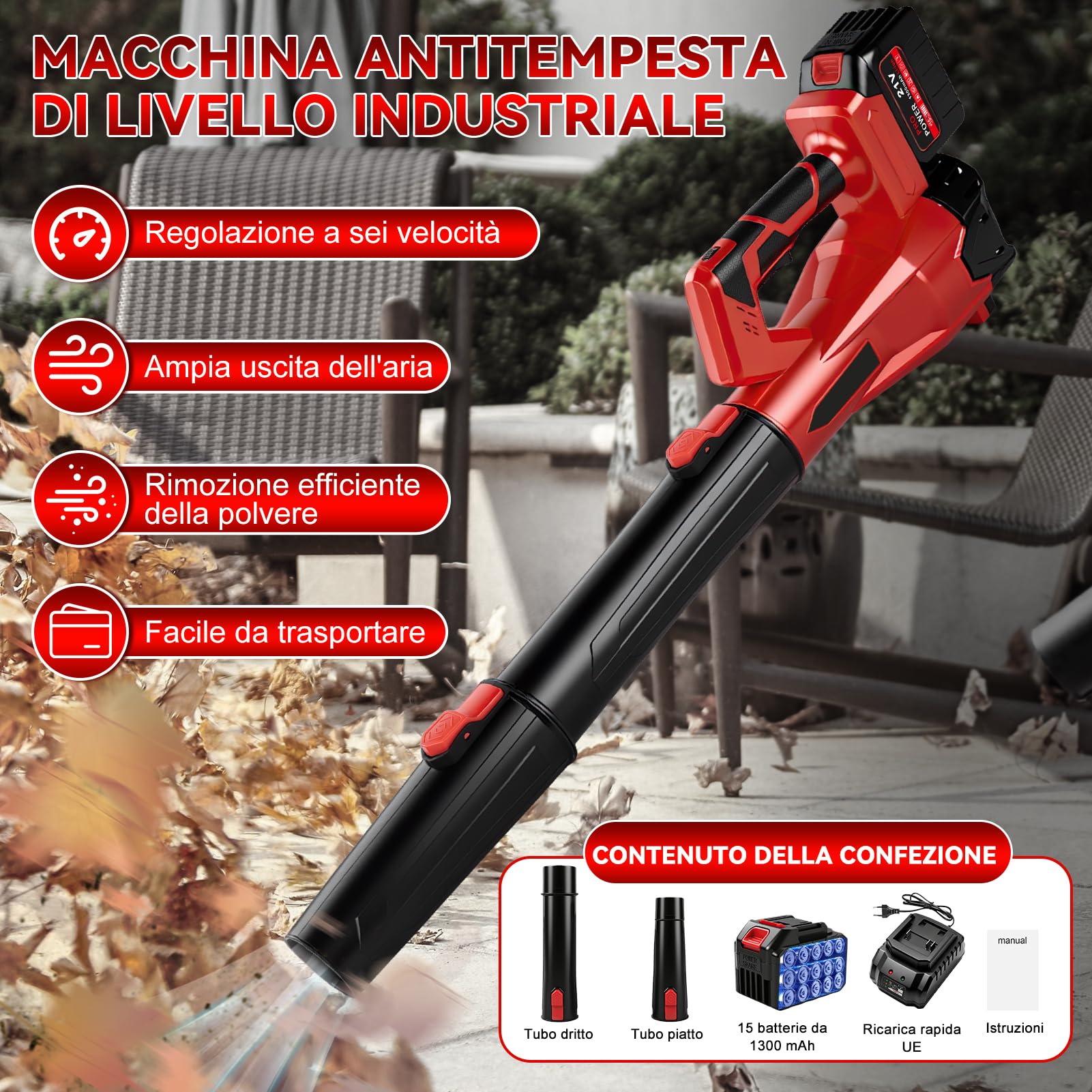 Soffiatore a Batteria 200km/h, 21V Soffiatore Foglie Elettrico Senza Filo con Batterie 1,3Ah, 6 Velocità, Max 21000RPM, 61m³/min, per Cura del Giardino, Vialetto, Foglie, Polvere e Neve