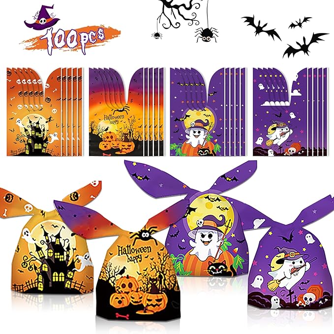 Amazon.com: Rabbit Ears Goodie Bags - 100PCS, 4 Halloween Designs ...