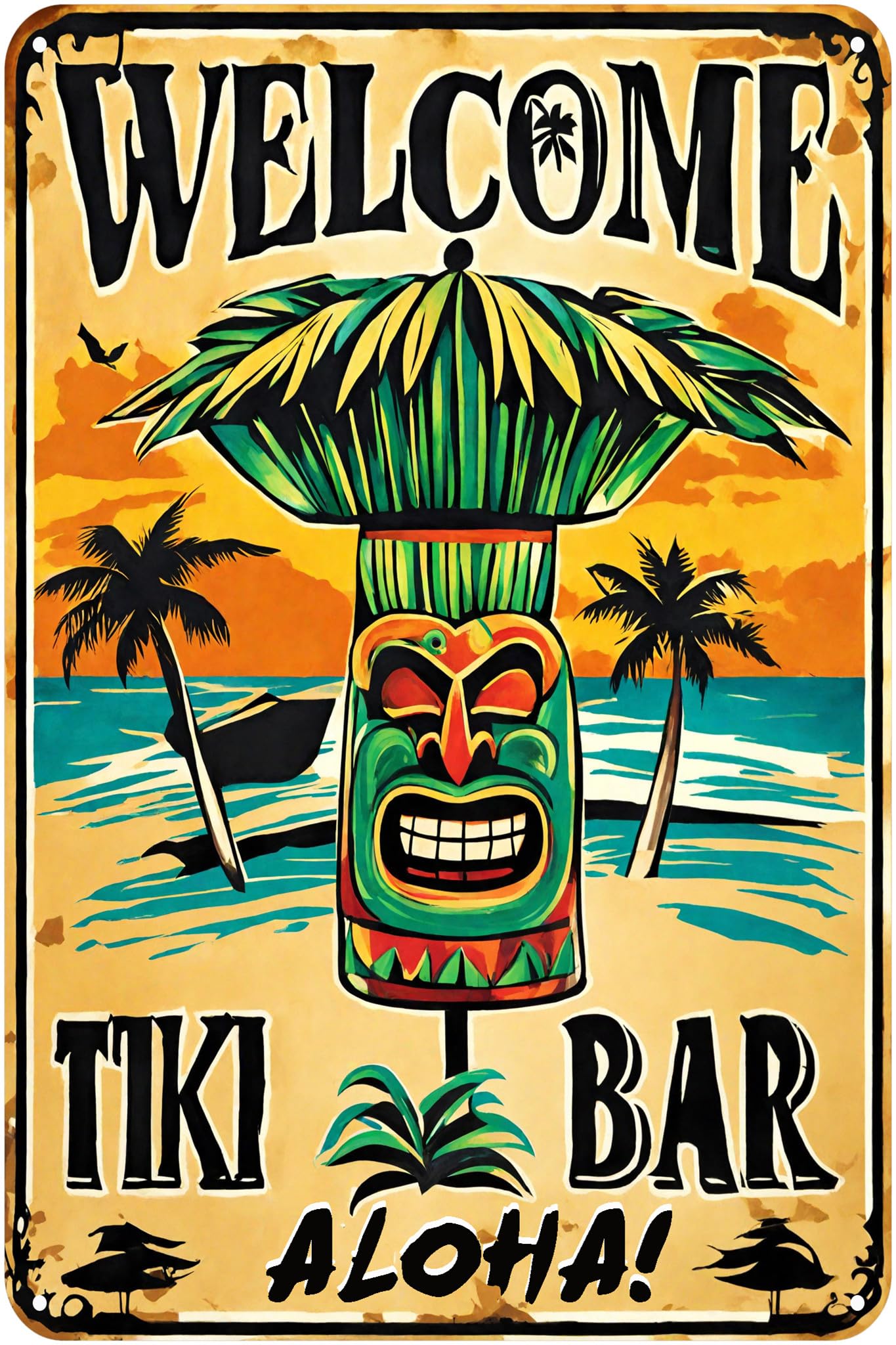Preeklen Metal Sign, Tiki Bar, 8x12 Inch, Tin, Wall Mount, Vintage, Aloha Tiki Hut Welcome