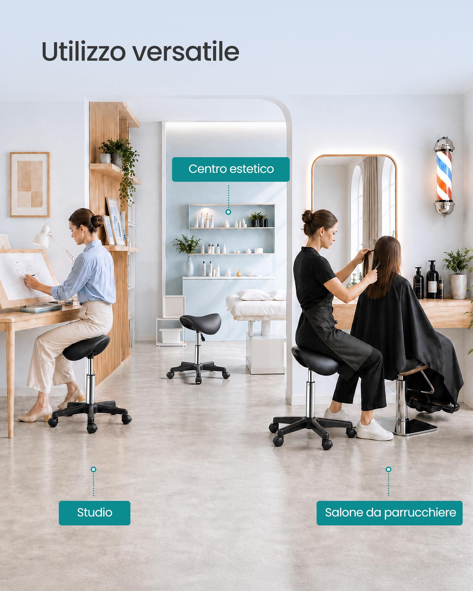 SONGMICS Sgabello a Sella, in Ecopelle PU, Girevole e Regolabile in Altezza, Ergonomico, 56 x 56 x (45-61) cm, Nero, per Ufficio e Salone, Collezione Activo OSC014B101