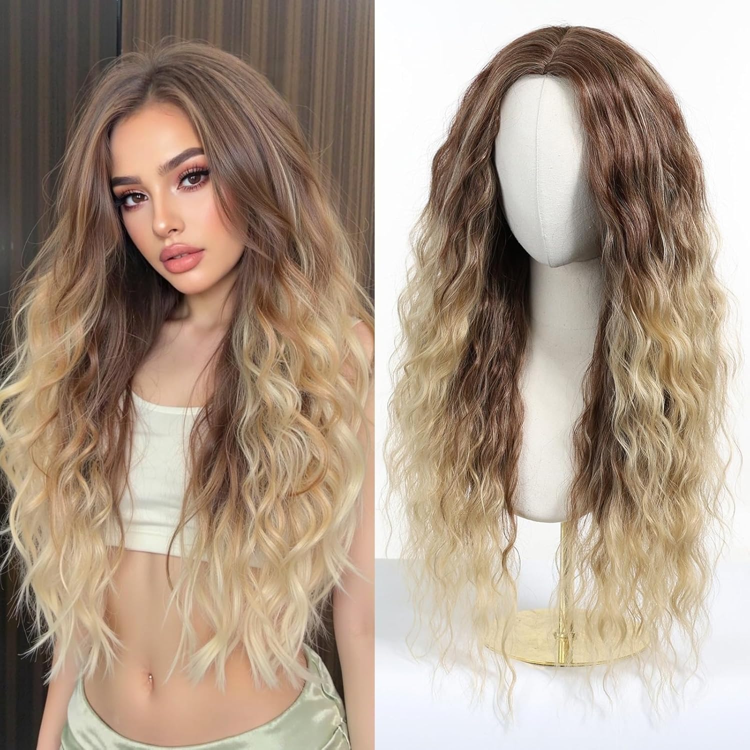 Brown Blonde Gradient Human Hair Wigs for Women Middle Part Long Voluminous Wavy Curly Glueless Lightweight Natural (Long,Ombre Brown)