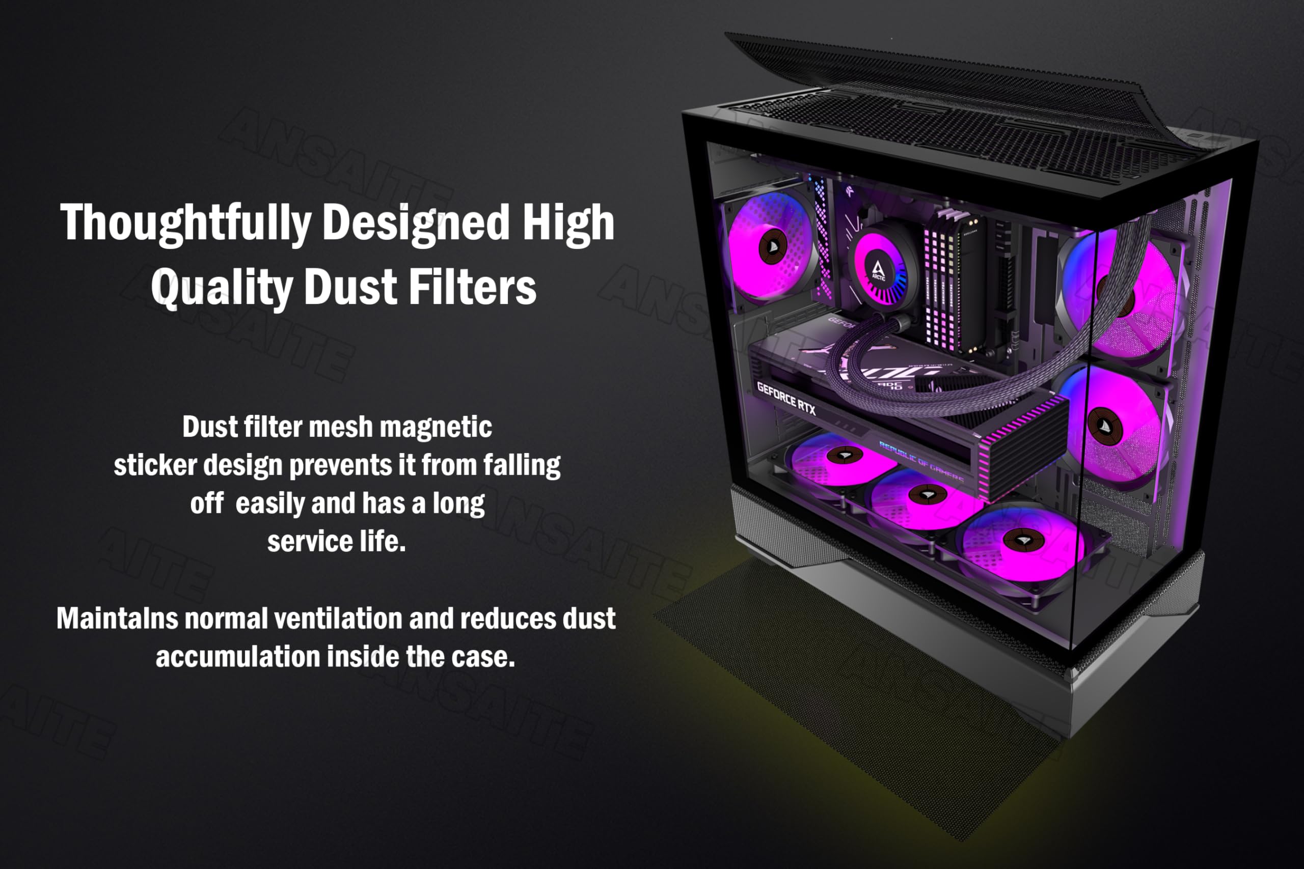ANSAITE ATX PC-Gehäuse 6×120 mm ARGB PWM-Lüfter vorinstalliert ，Mid-Tower Gaming PC-Gehäuse, Panorama-Gehärtetes Glas Schwarz Computer-Gehäuse mit Typ-C, 360mm Radiator Unterstützung (Schwarz)