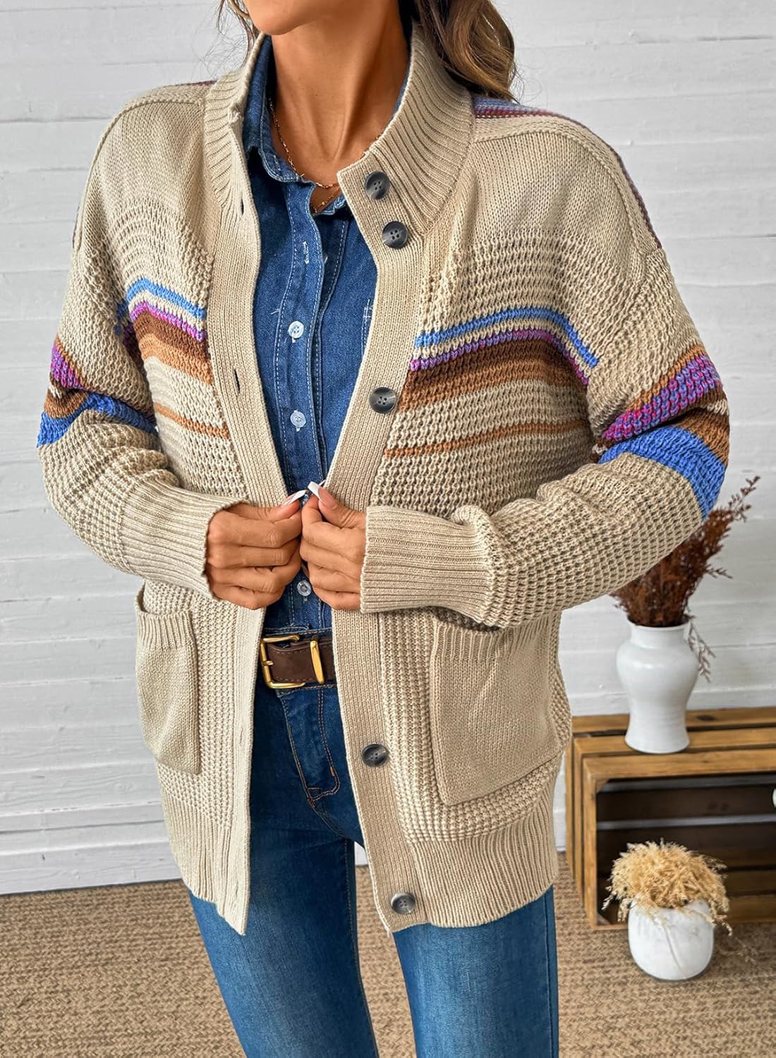 Dokotoo Womens Cardigan Sweaters Long Sleeve Casual Striped Color Block Cable Knit Fall Outfits with Pockets - Image 5