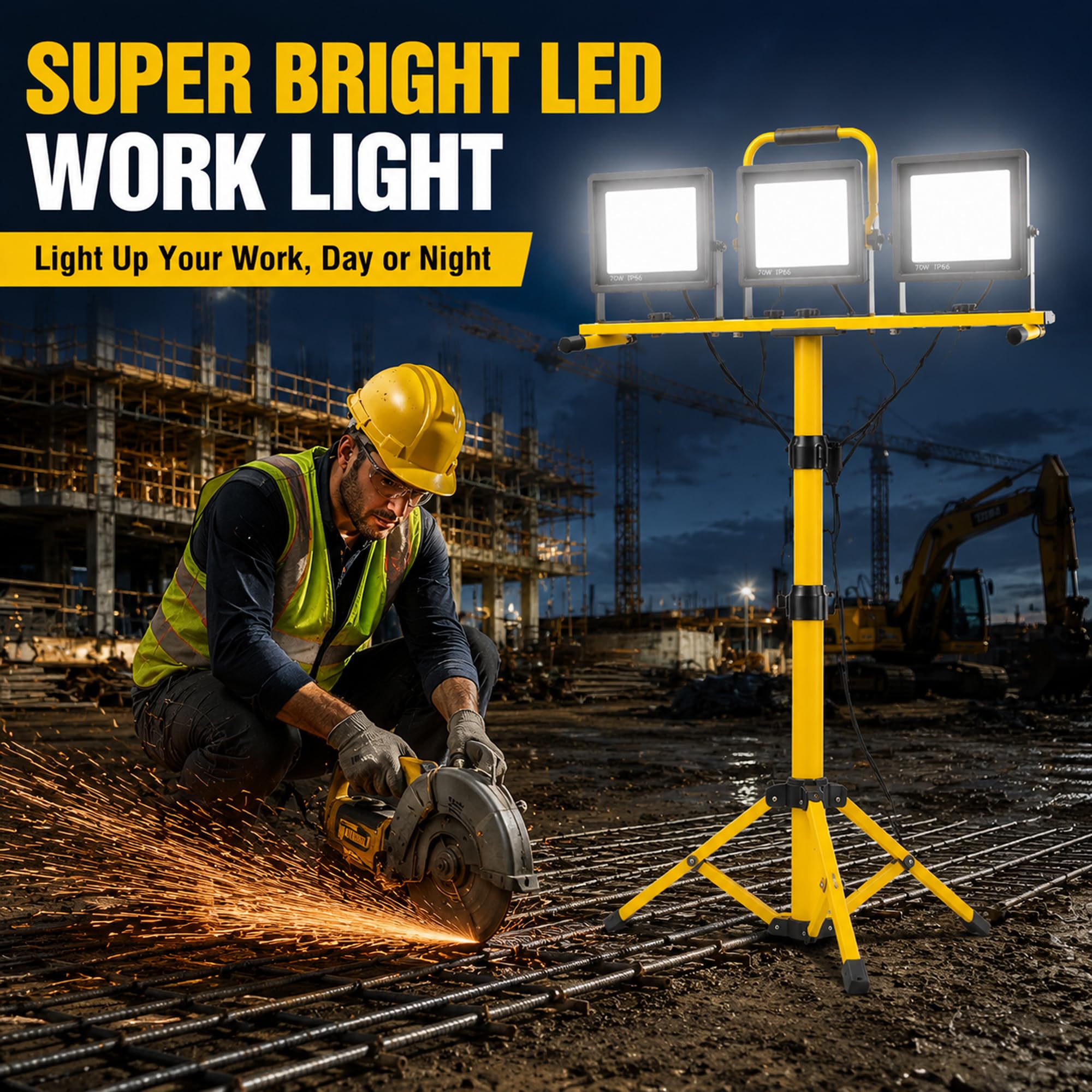 Projecteur LED chantier, 70W×3, sur trépied, IP66, avec câble 5M | Orientable; hauteur réglable; pour atelier et garage.