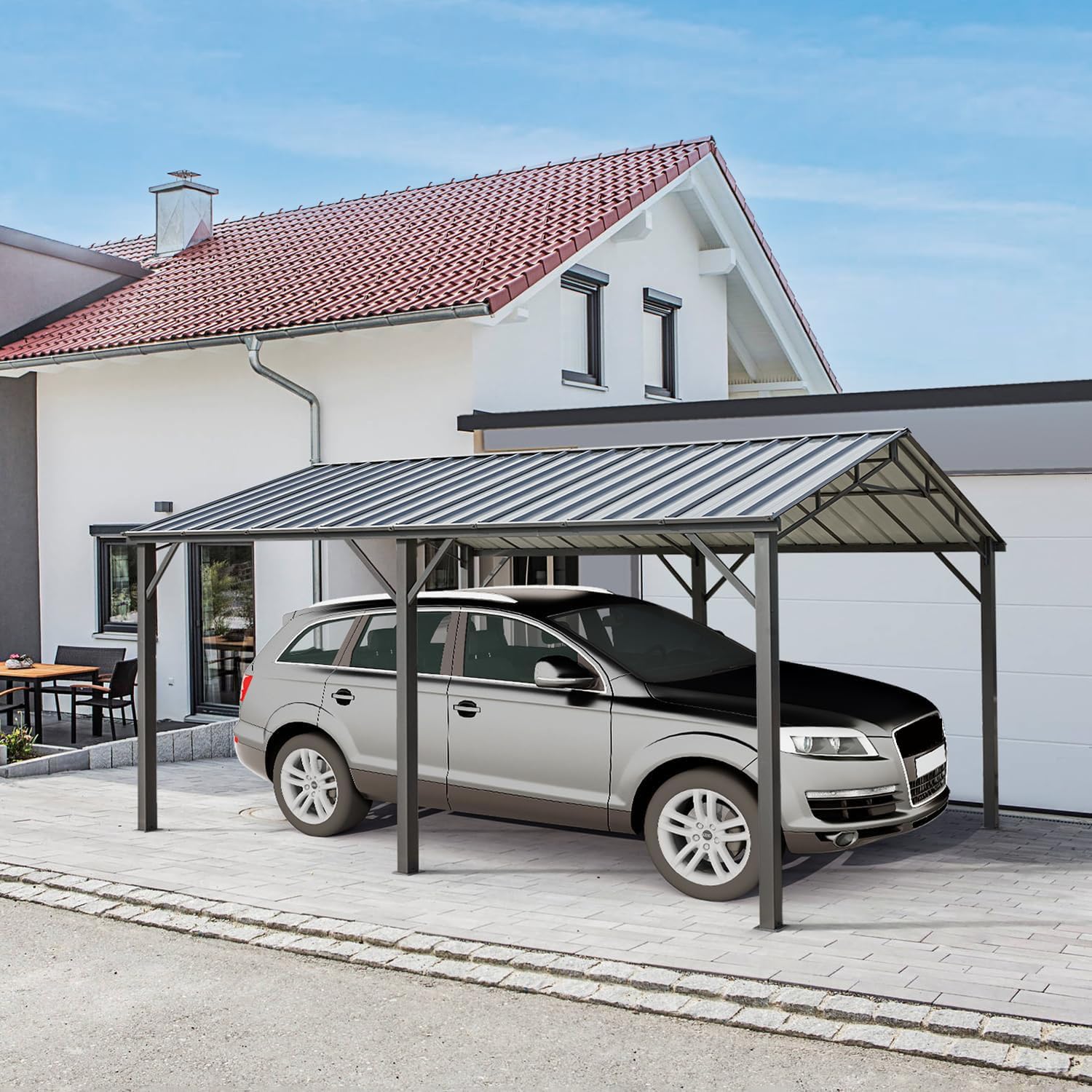 MELLCOM 10'x16' Metal Carport Heavy Duty, Multi-Use Shelter with Powder-Coated Steel Roof and Frame, Portable Car Garage Kit for All Weather, Outdoor Carports for Vehicle, Truck and Boat