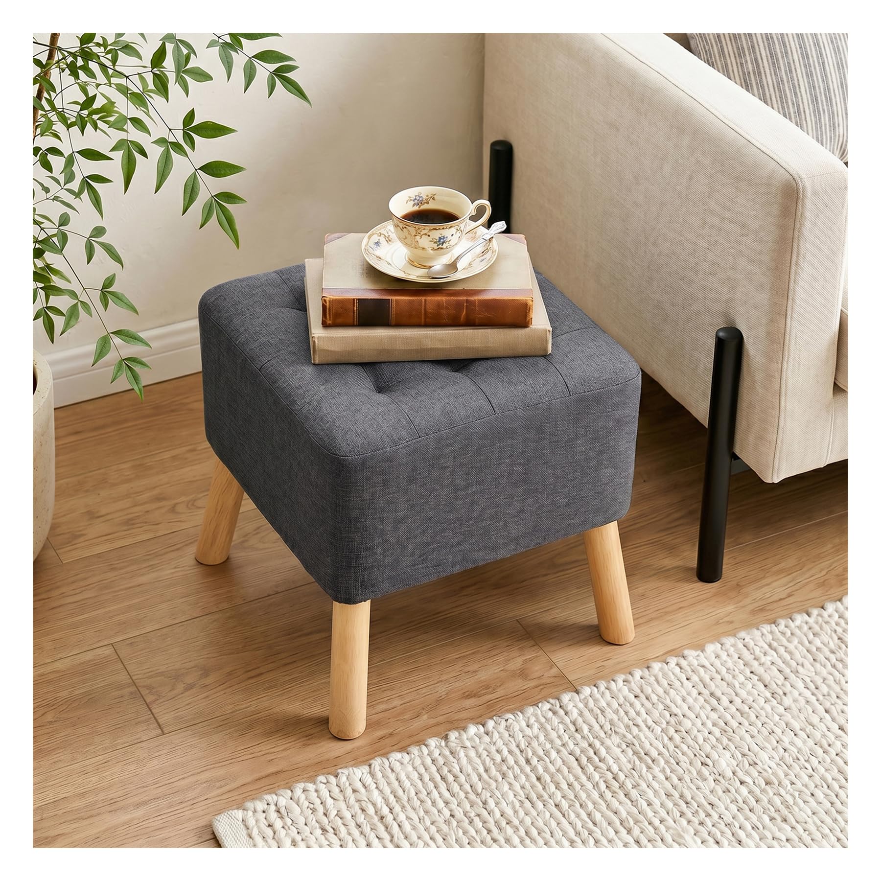 INMOZATA Square Footstool Linen Foot Rest Stool with Tufted Button, Solid Oak Legs & Non-Slip Pads, Removable Legs Change Shoe Footrest for Living Room, Bedroom, Hallway(Dark grey,41x41x41cm)