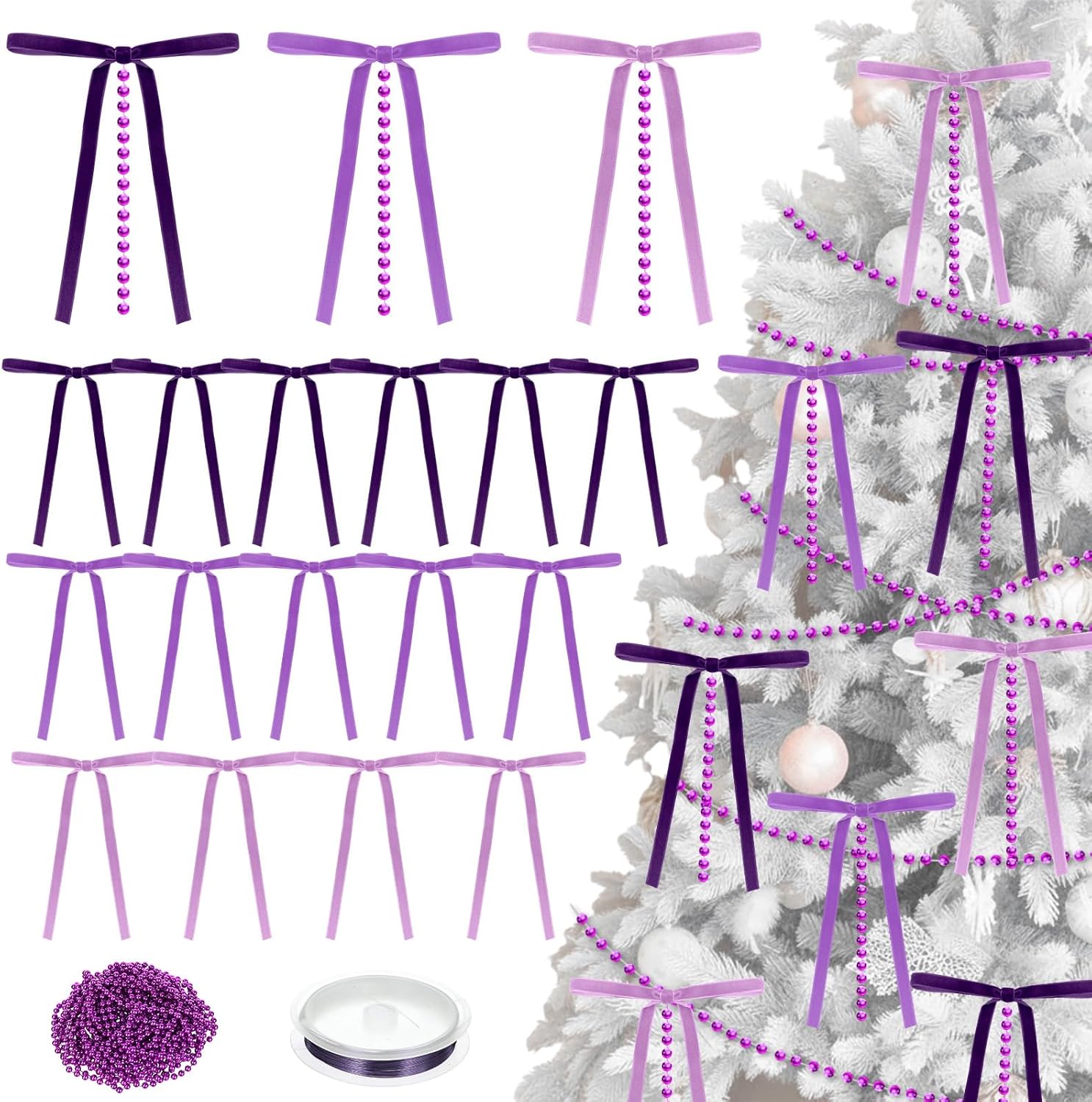 48 Pcs Purple Velvet Bows for Christmas Tree - 5 x 7 Inch Velvet Ribbon Bow Christmas Decoration with 33 Ft Beads Garland Vintage Rustic Crafts for Xmas Wreath Home Decoration Gift Wrapping - Image 8