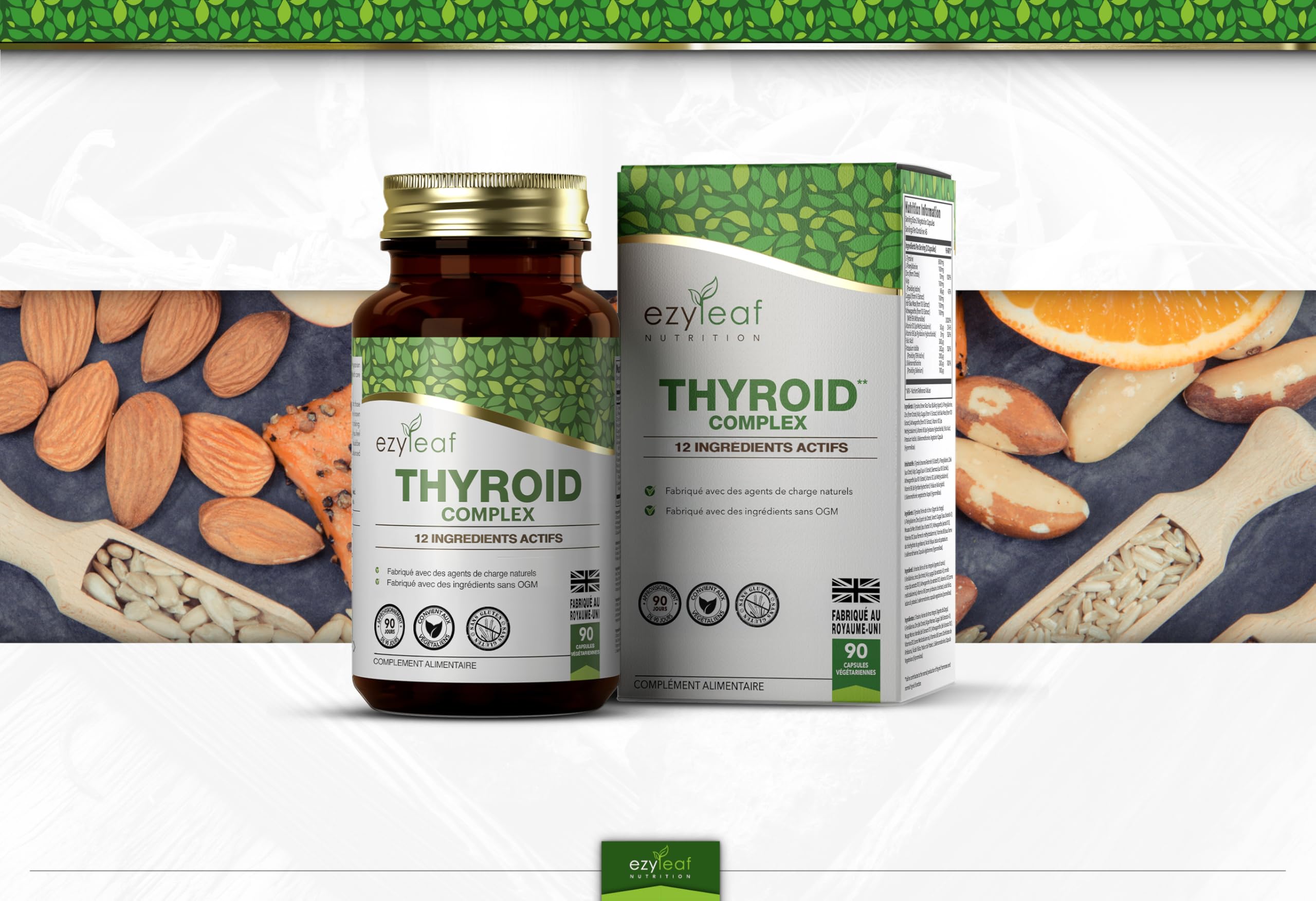 Ezyleaf Complexe Thyroïdien | Supplement Soutien Thyroïdien L Tyrosine Ashwagandha Phenylalanine Iode Zinc Varech Mousse de mer Iodure de Potassium Guggul Selenium | 90 Capsules | Certifié ISO au UK