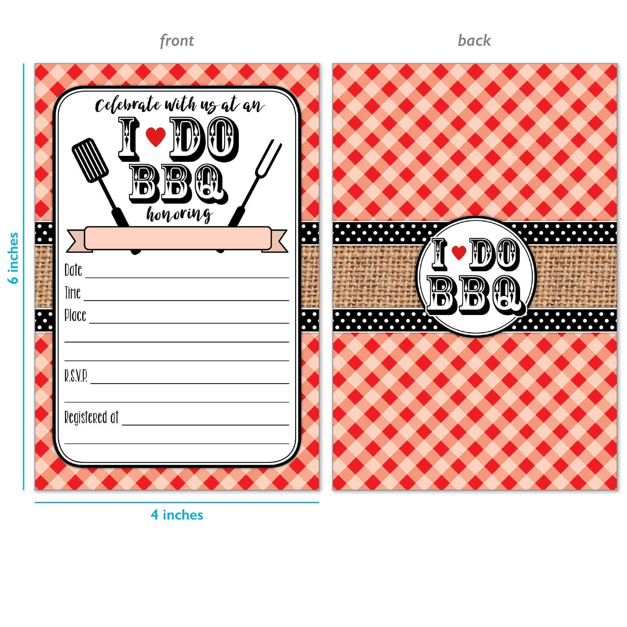 20 Red I Do BBQ Invitations with Envelopes - Gingham and Burlap