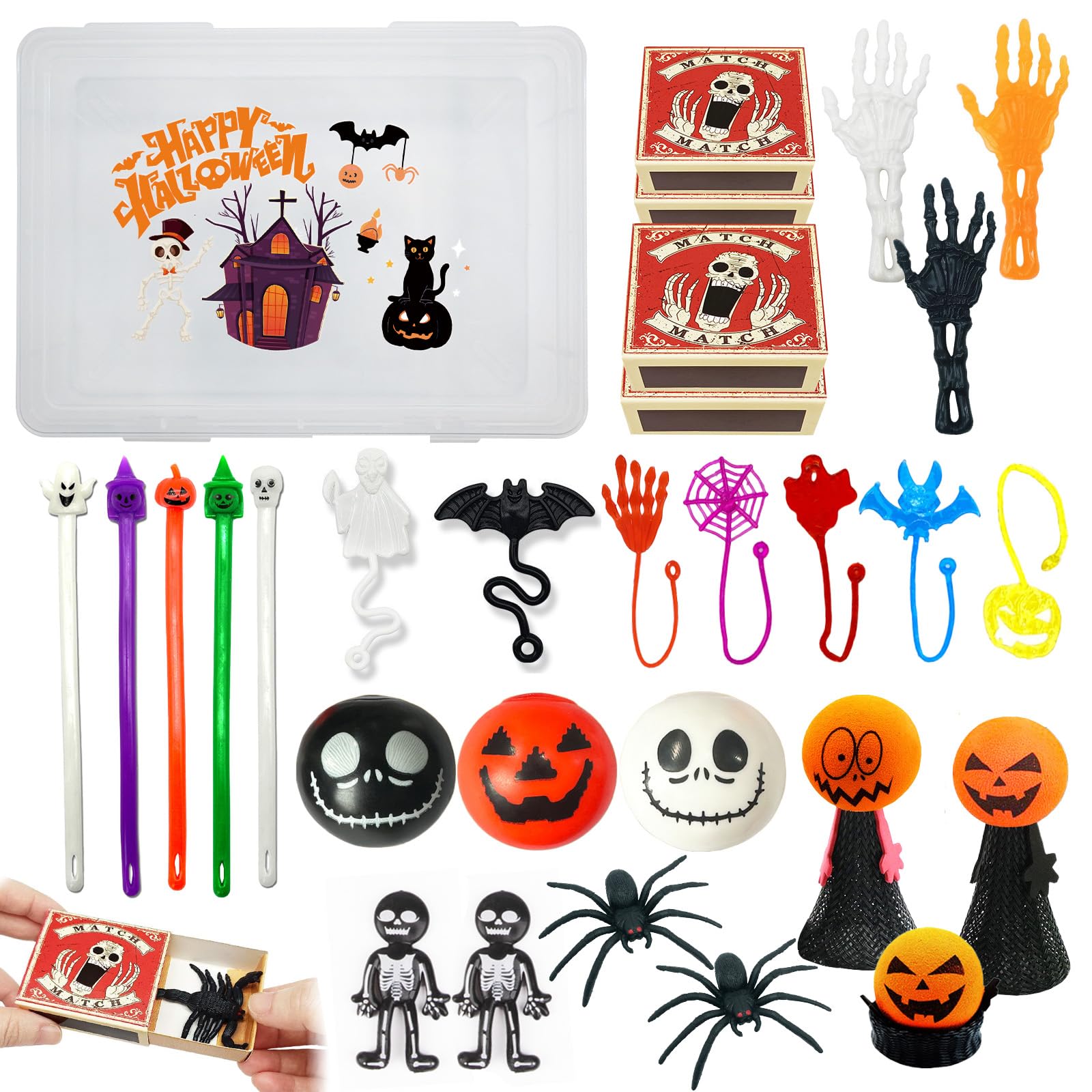 26P Halloween Party Favors for Kids,Halloween Toys Party Bag Fillers,Pumpkin Squeeze Toy,Skeleton Spider Sticky,Jumping Finger Puppet,Stretchy Fidget Noodles String,Rewards Games Toys Gift for Adults