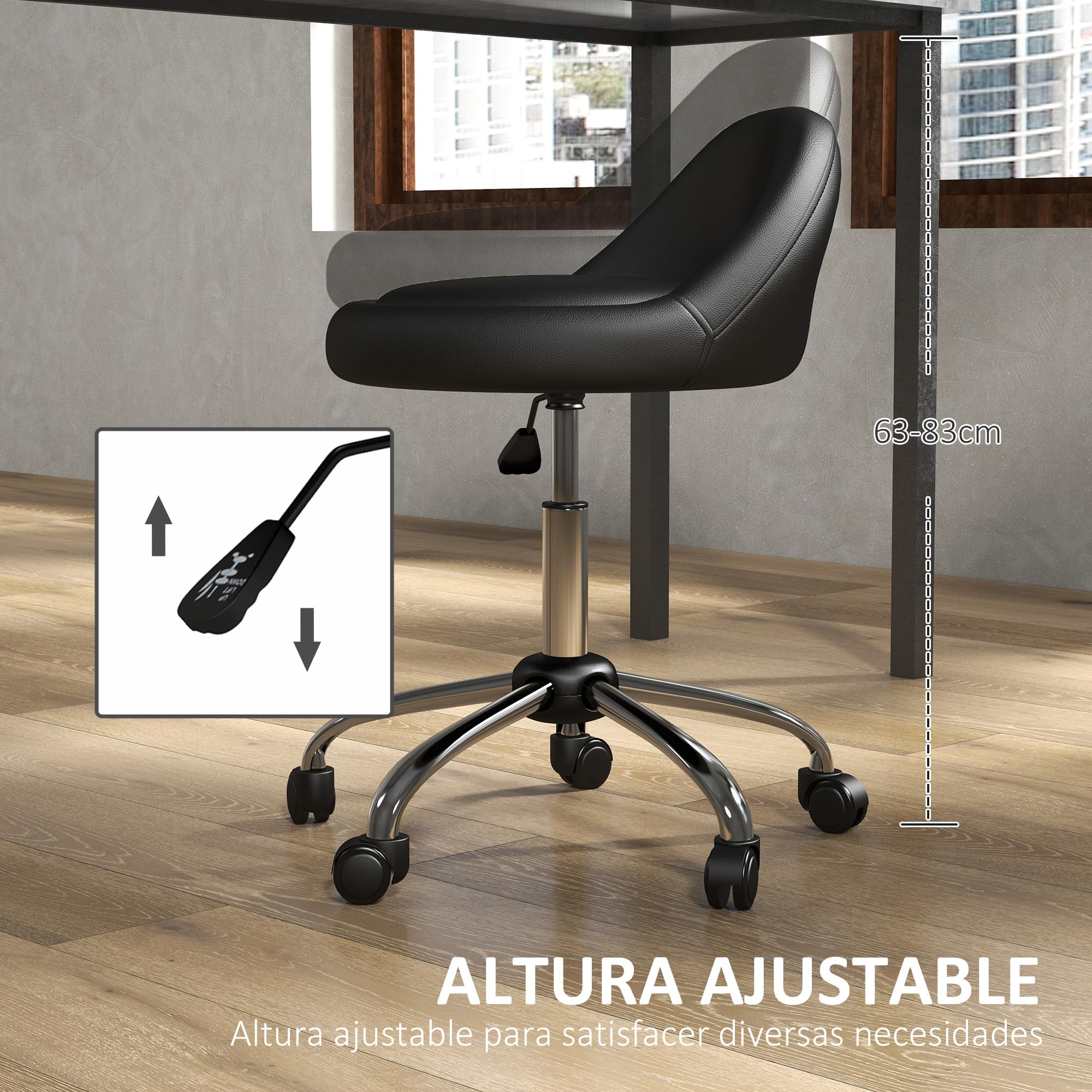 HOMCOM Taburete con Ruedas, Taburete Giratorio Cosmético con Altura Ajustable, Cuero Sintético, Asiento Acolchado y Amplio, para Dentista y Peluquería, Carga 120 kg, Ø50x63-83 cm, Negro