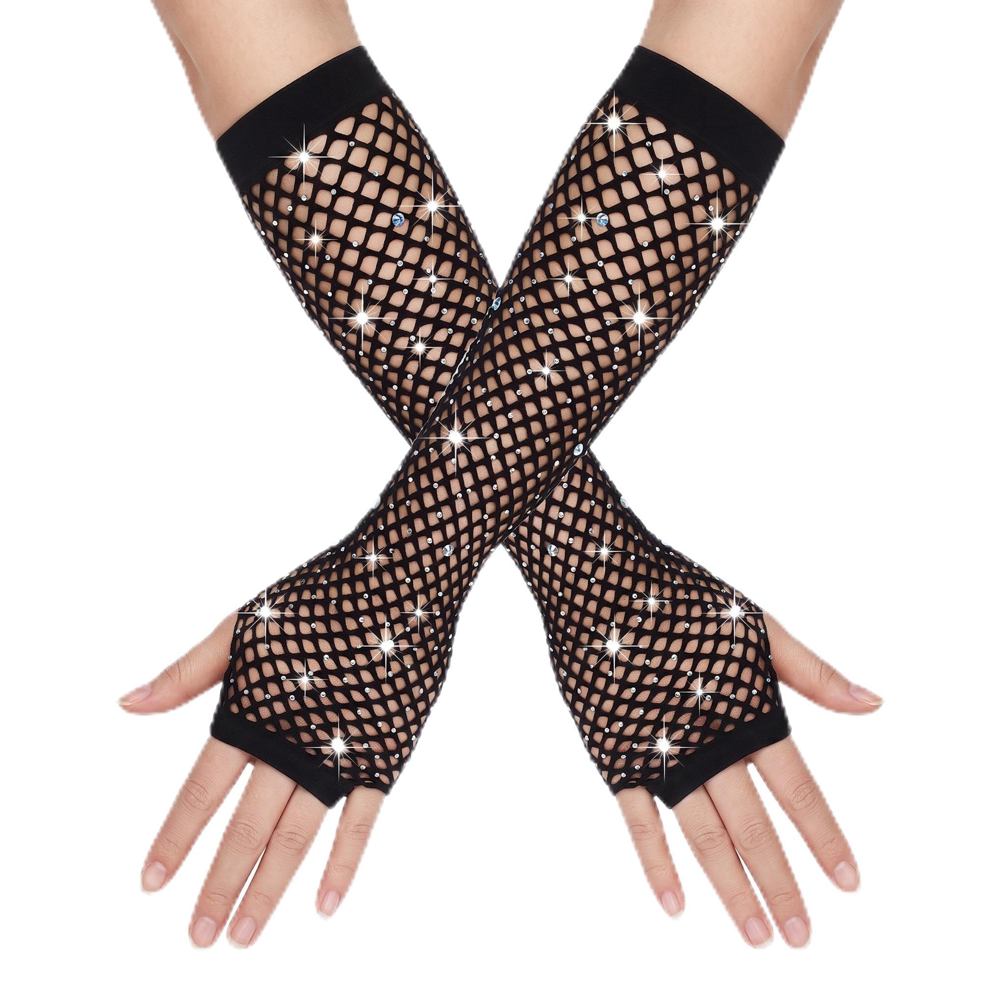 FEWOFJ Rhinestone Fingerless Fishnet Gloves 80s Costume Halloween for Women Black