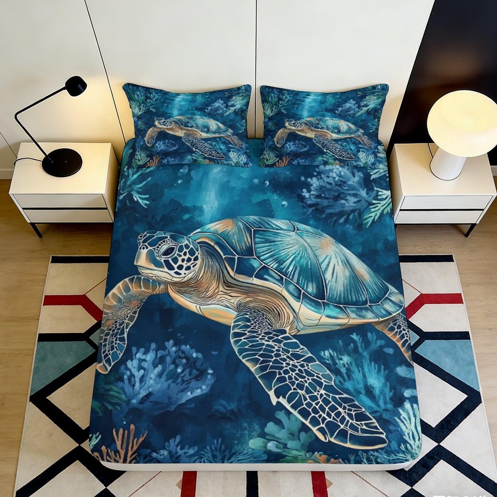 3D Printed Sea Turtle Fitted Sheet Microfiber Soft Blue Ocean Reef Bed Cover for Bedroom Dorm Mattress Decor 90x200x25cm