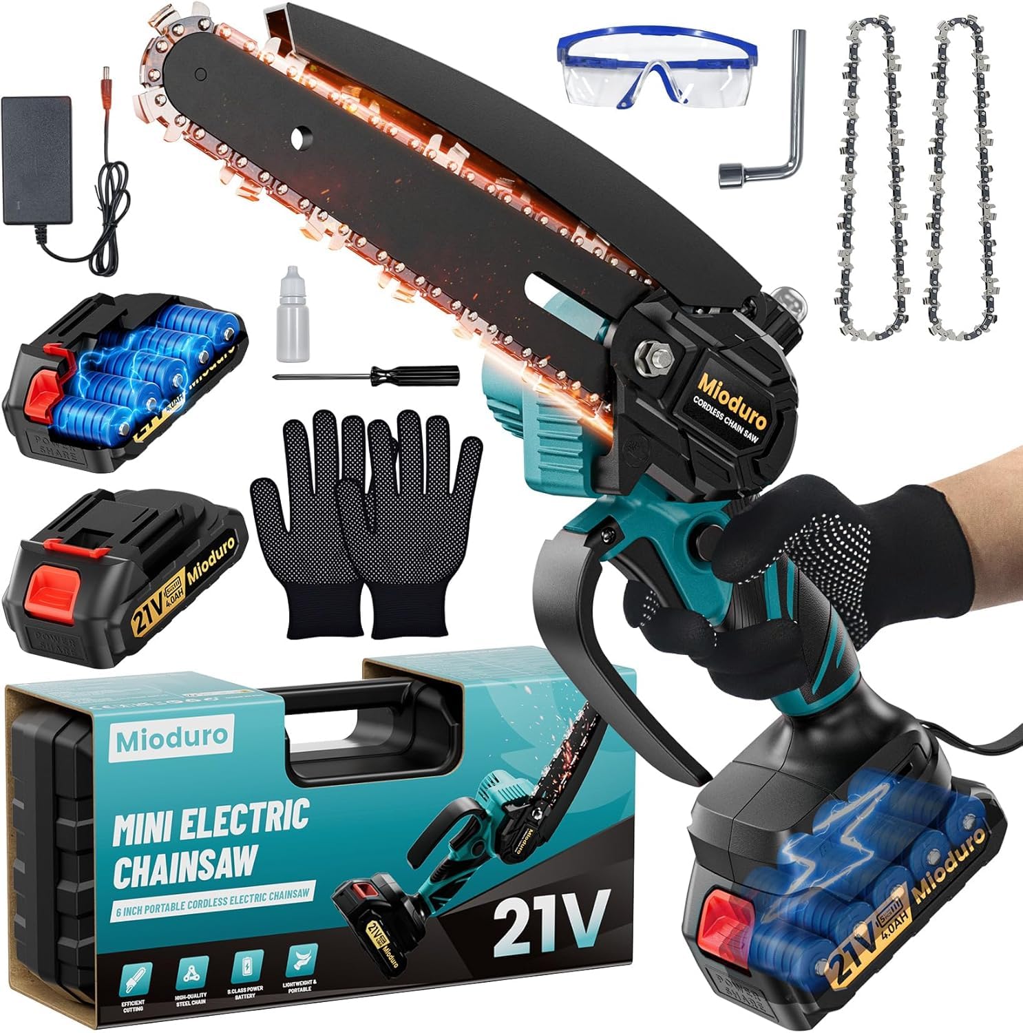 Mini motosierra con batería, 8000 mAh, 6 pulgadas, con sistema de aceite automático, 2 baterías, potente motor de cobre, batería, motosierra para jardinería, corte de árboles y corte de madera