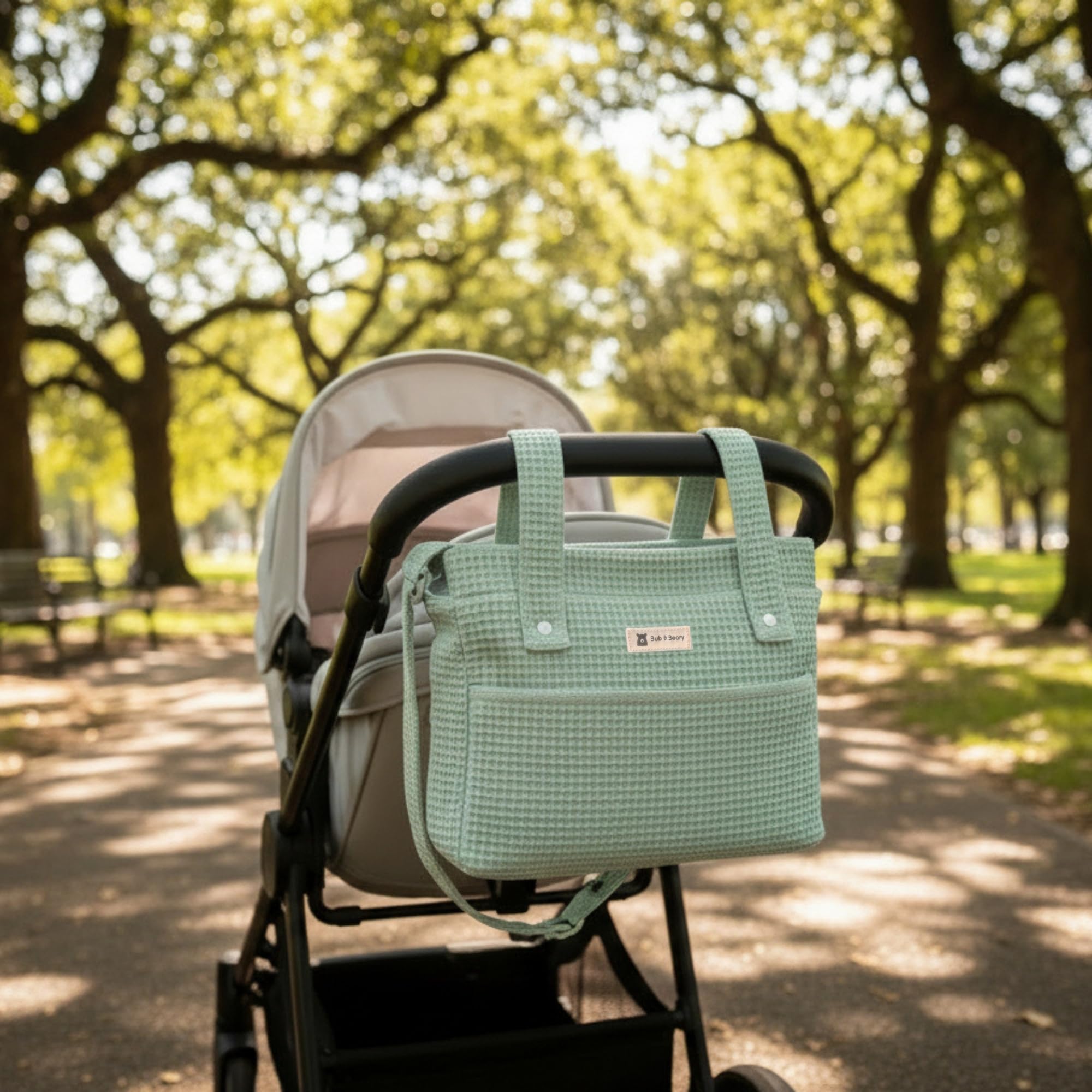 Bub&Beary Bolso Carrito Bebé 3 en 1 – Bolsa Paseo, Hospital y Organizador – Algodón Premium, Diseño Elegante y Sostenible – Regalo Baby Shower (Verde)