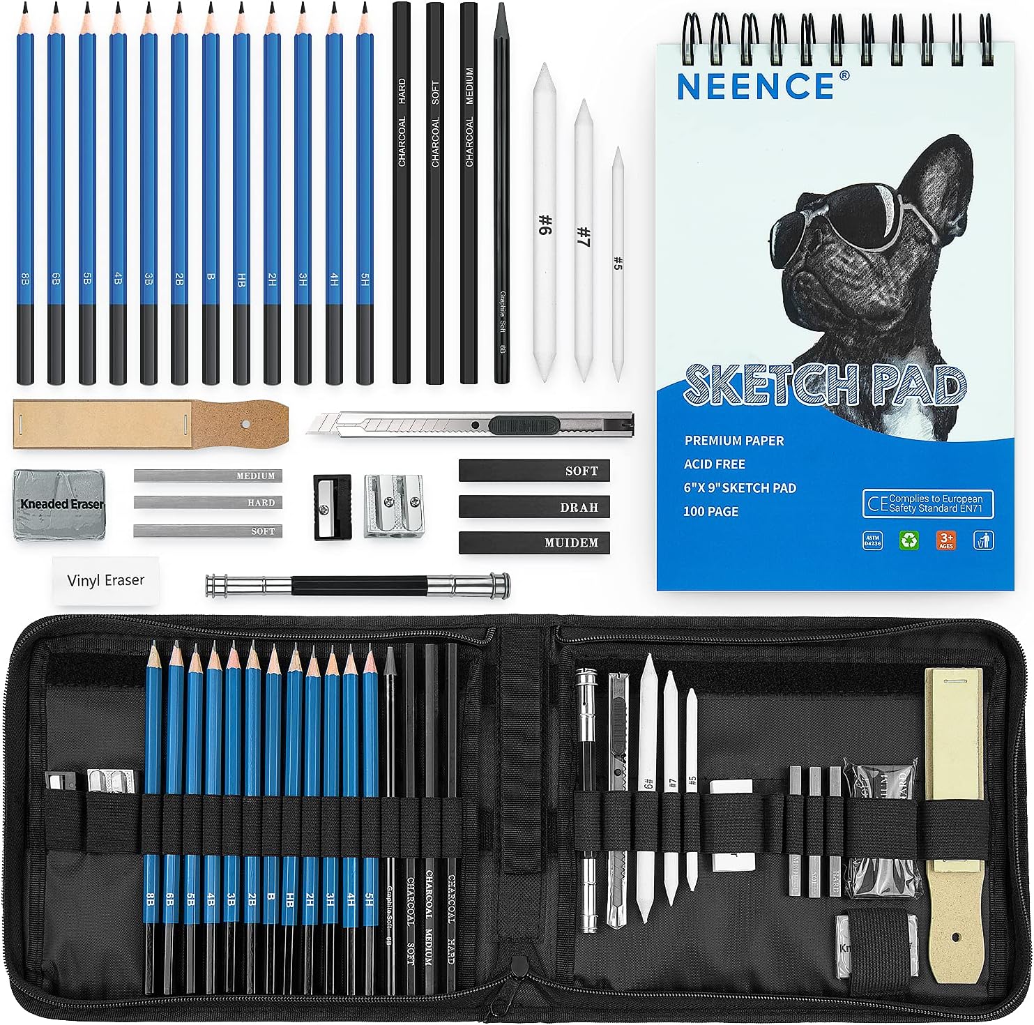 NEENCE Drawing Pencil Set - Sketching, Graphite and Charcoal Pencils Art Kit and Supplies.100 Page Drawing Pad, Kneaded Eraser, Blending Stump. Sketch Pencil for Students Kids Teens and Adults (Green) : Arts, Crafts & Sewing