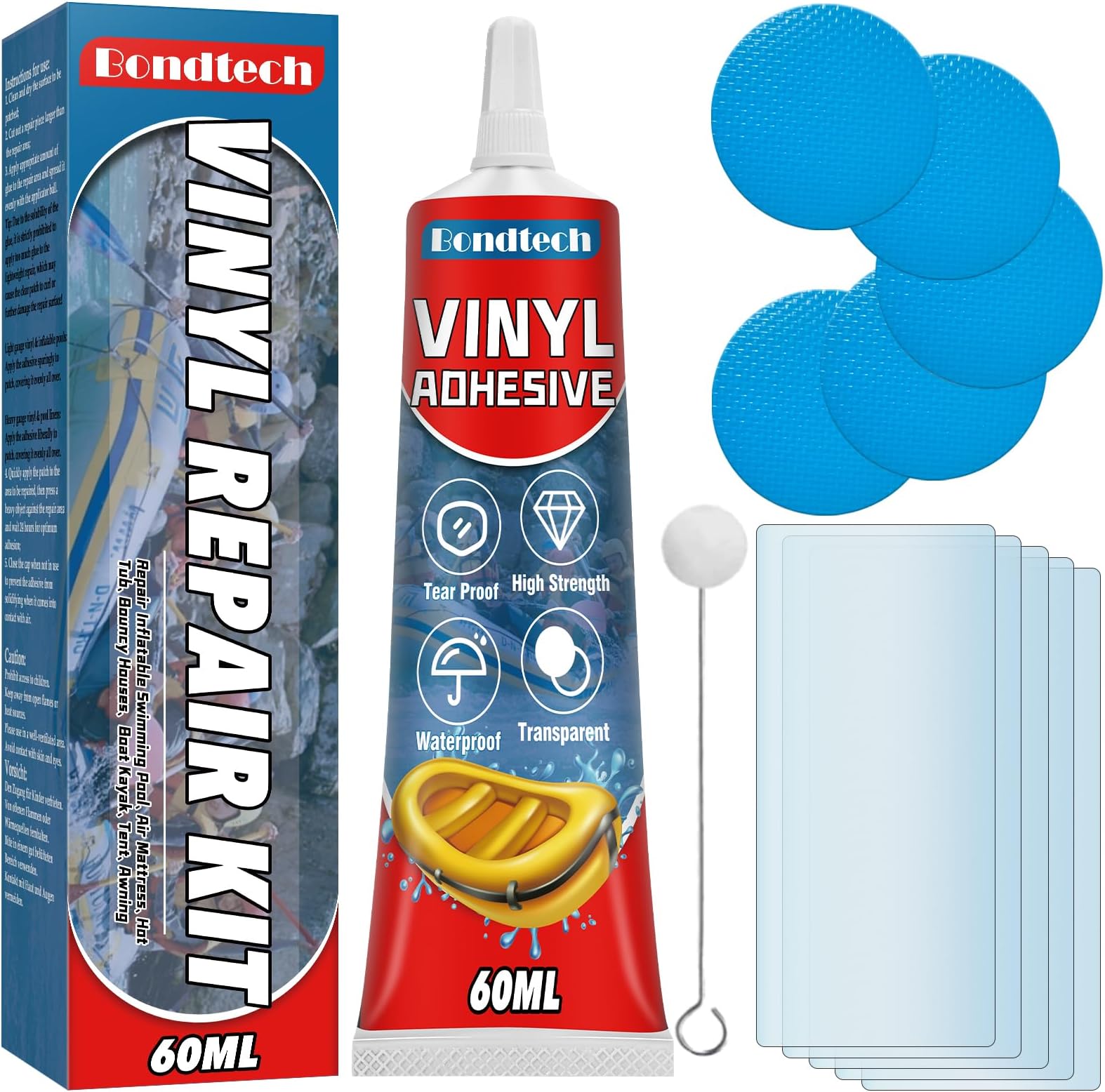 Bondtech Pool Liner Patch Kit Waterproof, Transparent Inflatable Patch Repair Kit, Heavy Duty Vinyl Repair Kit for Inflatables, Air Mattress Patch Kit,Swimming Pool,Hot Tub,Boat,Raft,Kayak (60 ml)